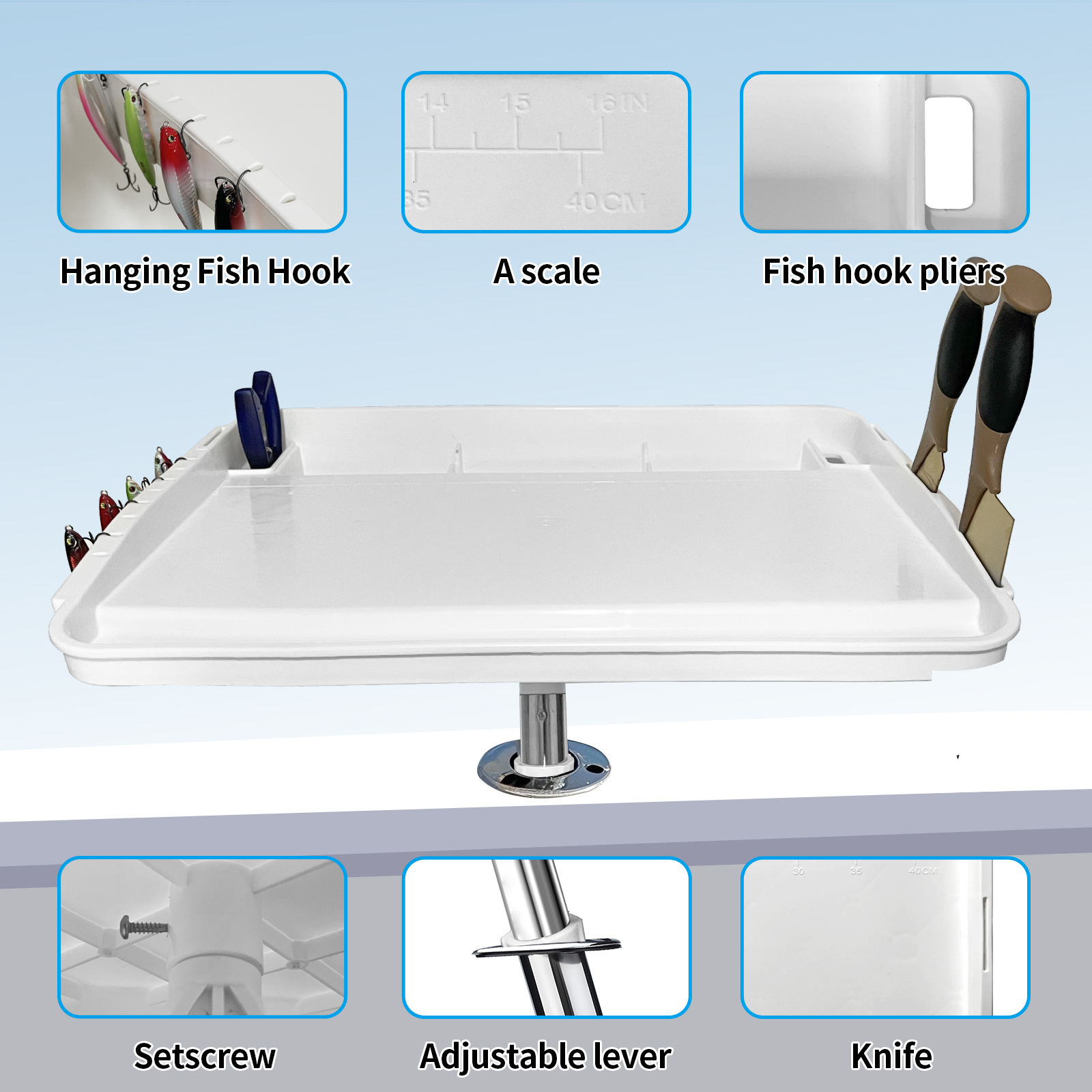 Flicker Marine Fillet Cutting Board Bait Table in UV Stabilized PP with Compartments, Knife Slots, and Universal Units Engraved Fish Scale (Adjustable Rod Holder Mount)