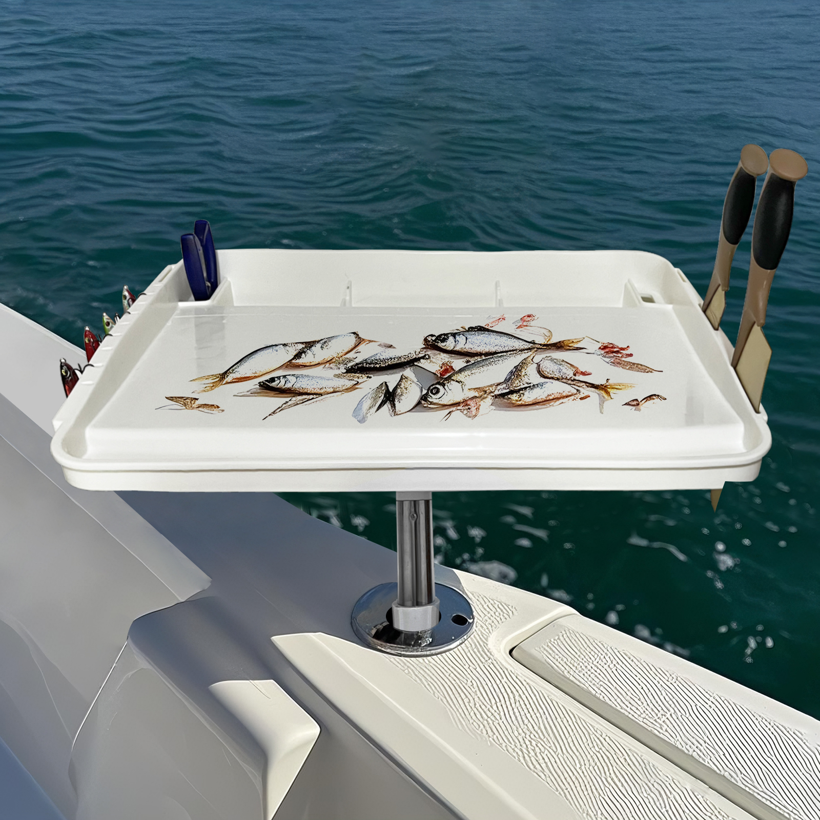 Flicker Marine Fillet Cutting Board Bait Table in UV Stabilized PP with Compartments, Knife Slots, and Universal Units Engraved Fish Scale (Adjustable Rod Holder Mount)