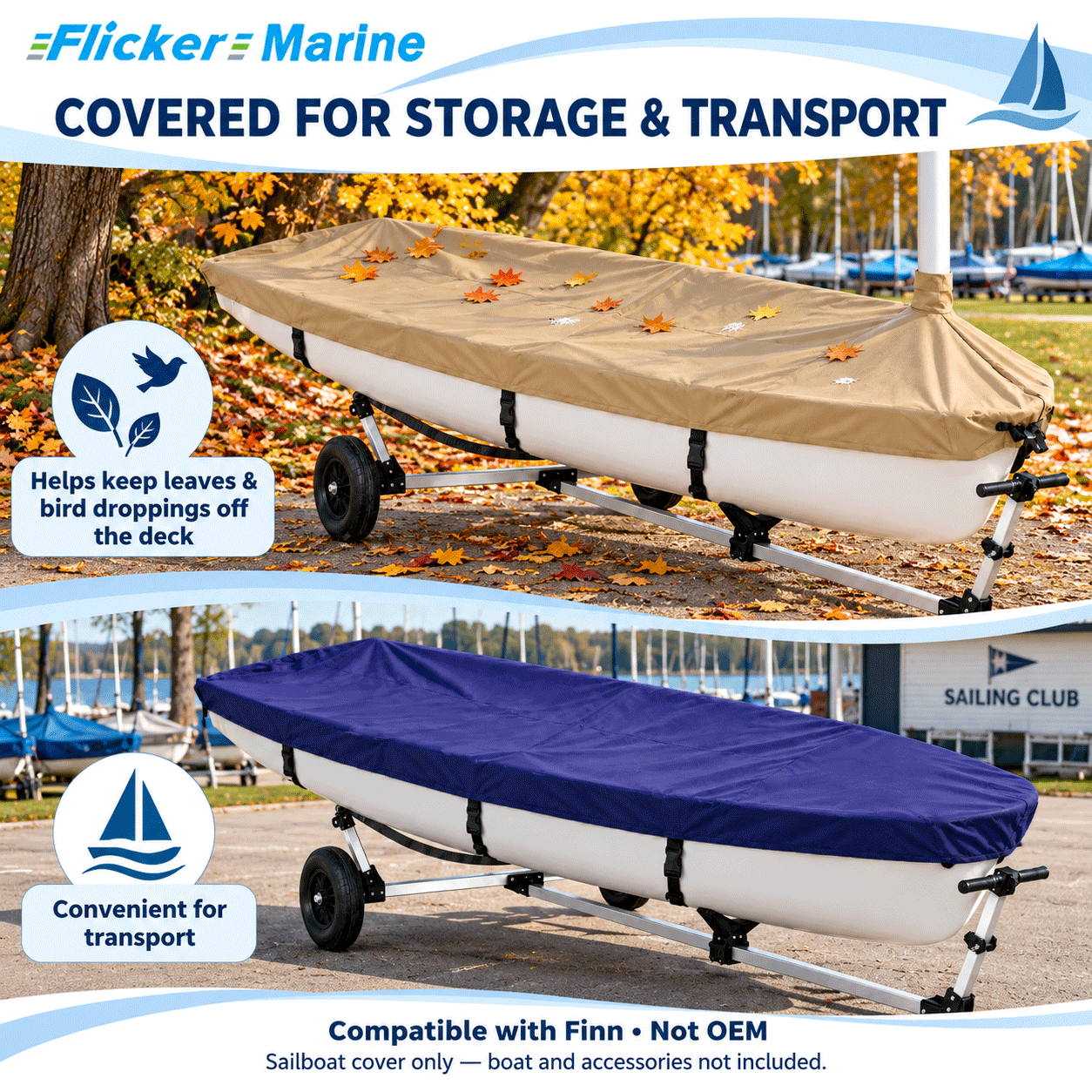 Flicker Marine Sailboat Deck Cover With Mast Hole, Polyester Waterproof UV Resistant Protector Compatible With Finn