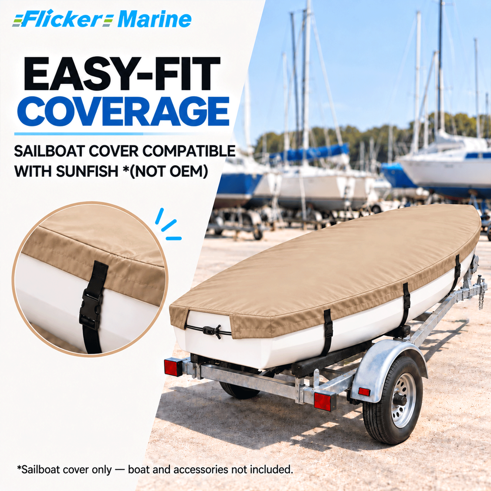 Flicker Sailboat Cover Compatible With Sunfish, Heavy Duty Waterproof UV Resistant Dinghy Boat Cover With Adjustable Buckle Straps, Multiple colors available