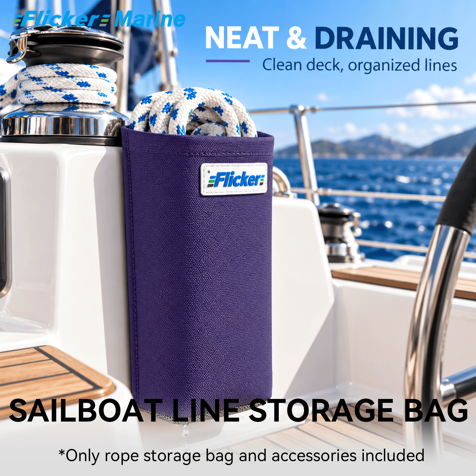 Flicker Marine Boat Rope Organizer Bag, Wear-resistant Polyester, UV Resistant, Metal Snap Back Design with Mounting Accessories, Practical Marine Storage, Compatible With sailboats for managing deck sailing lines
