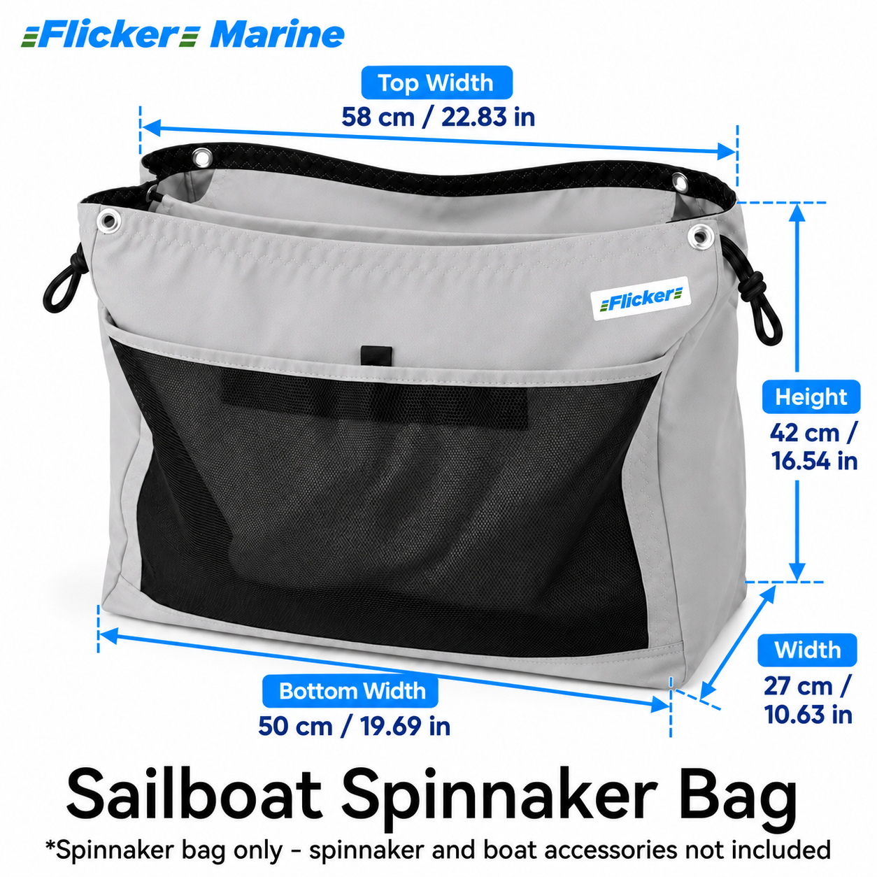 Flicker Marine Large Spinnaker Carry Bag Made of Polyester, Drawstring Opening, Extra Mesh Pocket Compatible With Sailboat, Keep Your Spinnaker Well Stored Onboard