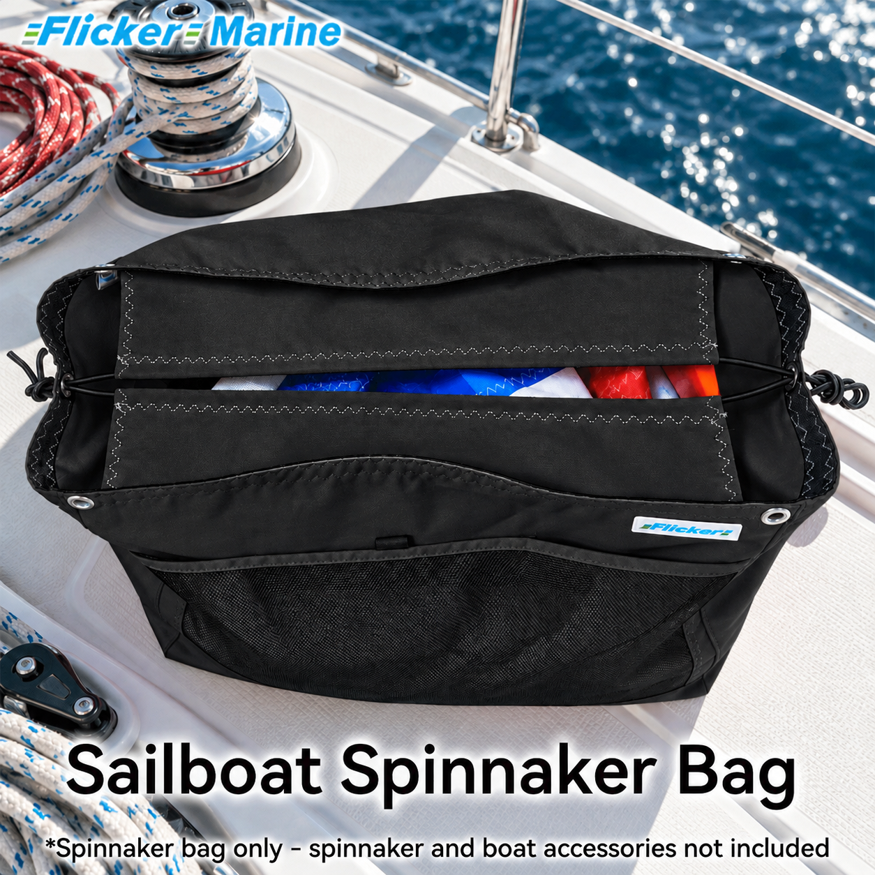 Flicker Marine Large Spinnaker Carry Bag Made of Polyester, Drawstring Opening, Extra Mesh Pocket Compatible With Sailboat, Keep Your Spinnaker Well Stored Onboard