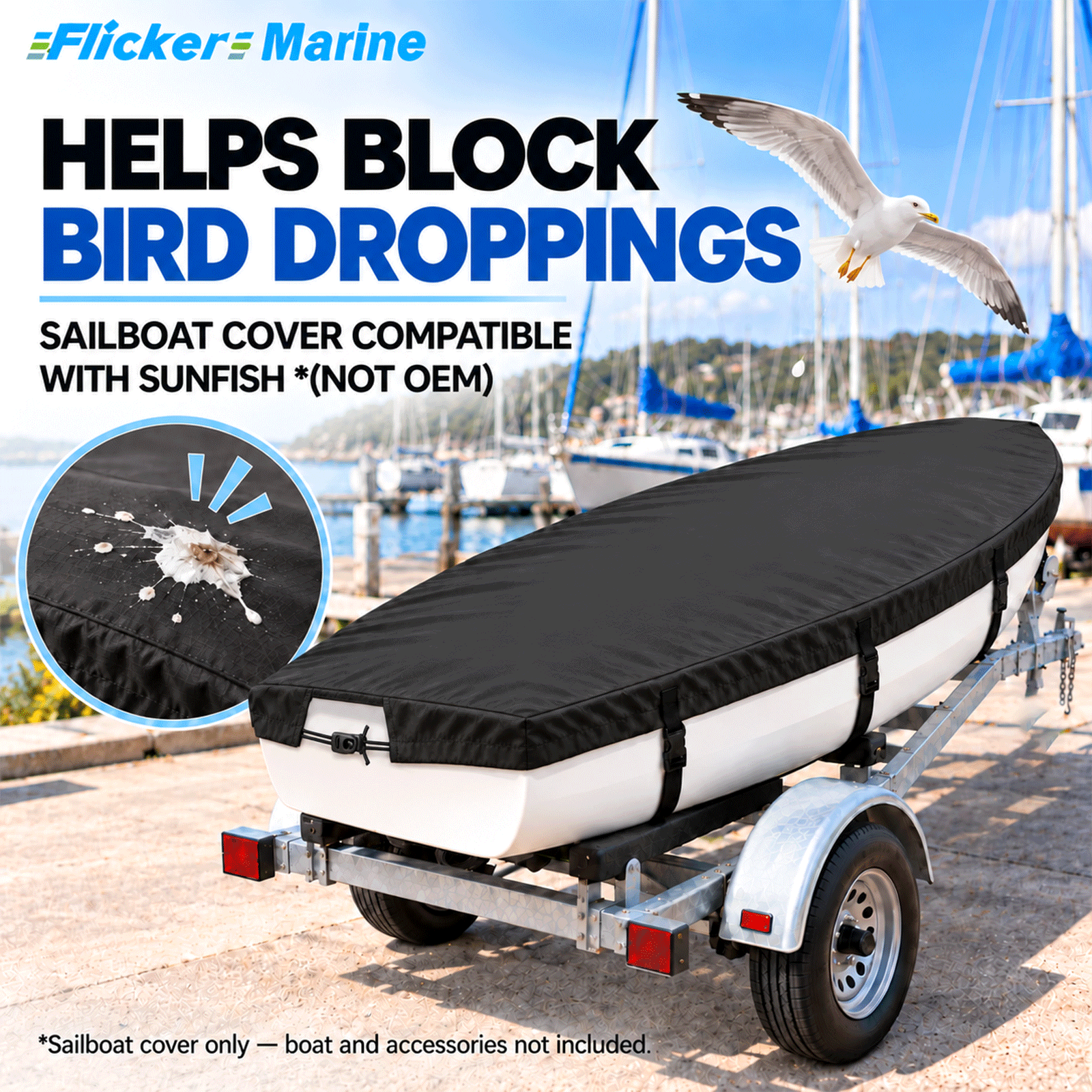 Flicker Sailboat Cover Compatible With Sunfish, Heavy Duty Waterproof UV Resistant Dinghy Boat Cover With Adjustable Buckle Straps, Multiple colors available