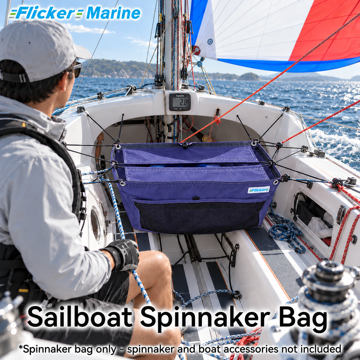 Flicker Marine Large Spinnaker Carry Bag Made of Polyester, Drawstring Opening, Extra Mesh Pocket Compatible With Sailboat, Keep Your Spinnaker Well Stored Onboard
