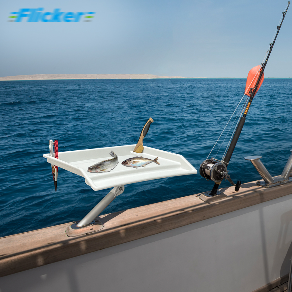 Flicker Marine Fillet Cutting Board & Bait Table – UV-Stabilized PP Fish Cleaning Station with Compartments, Knife Slots, Engraved Fish Scale & Adjustable Rod Holder Mount