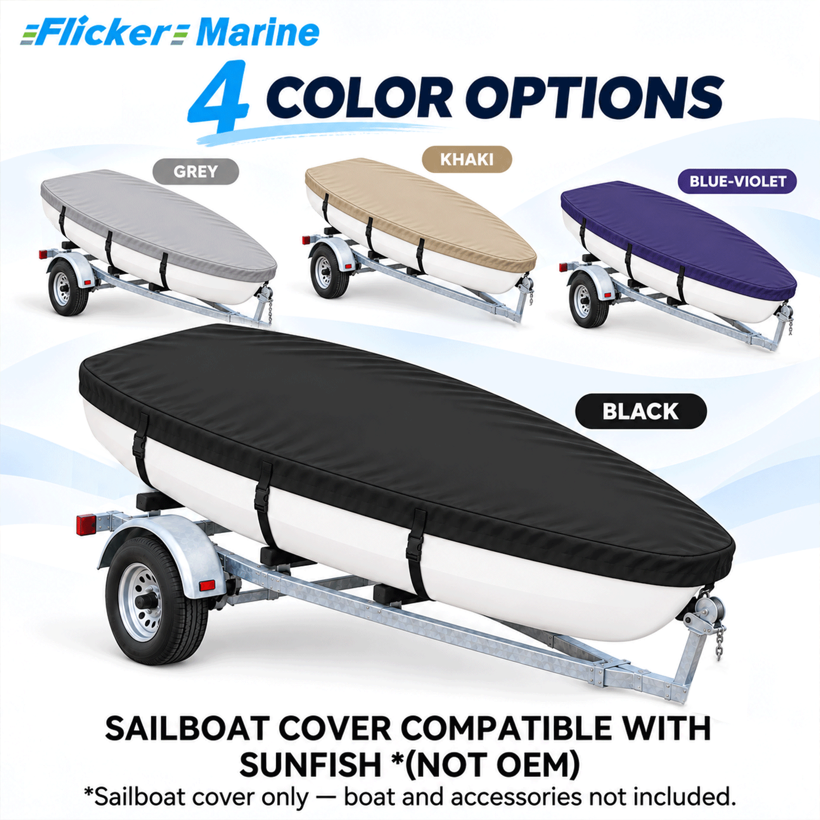 Flicker Sailboat Cover Compatible With Sunfish, Heavy Duty Waterproof UV Resistant Dinghy Boat Cover With Adjustable Buckle Straps, Multiple colors available