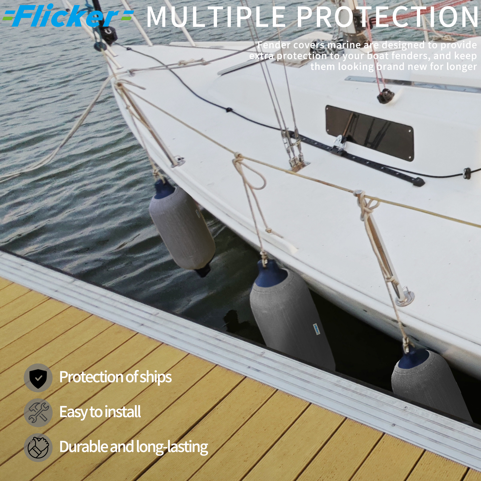 Flicker Gray Acrylic Boat Fender Cover Marine Protective Sleeve for Boat Fenders Multiple Size Options