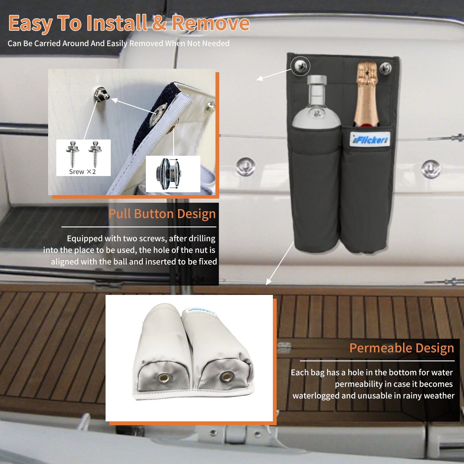 Flicker Quick-Detach Waterproof Rope Storage Bag – 2, 3 & 4 Compartment Options for Sailboats and Docks