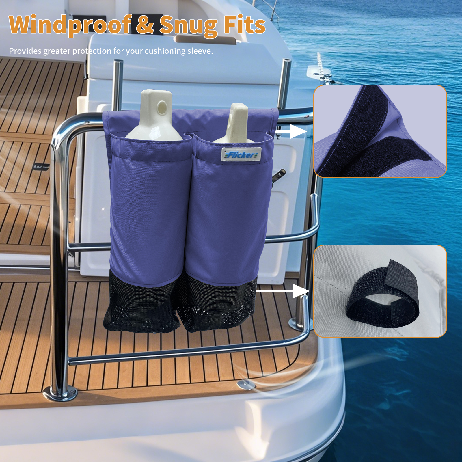 Flicker Marine Fender Storage Covers – Weather-Resistant Rail-Mounted Design