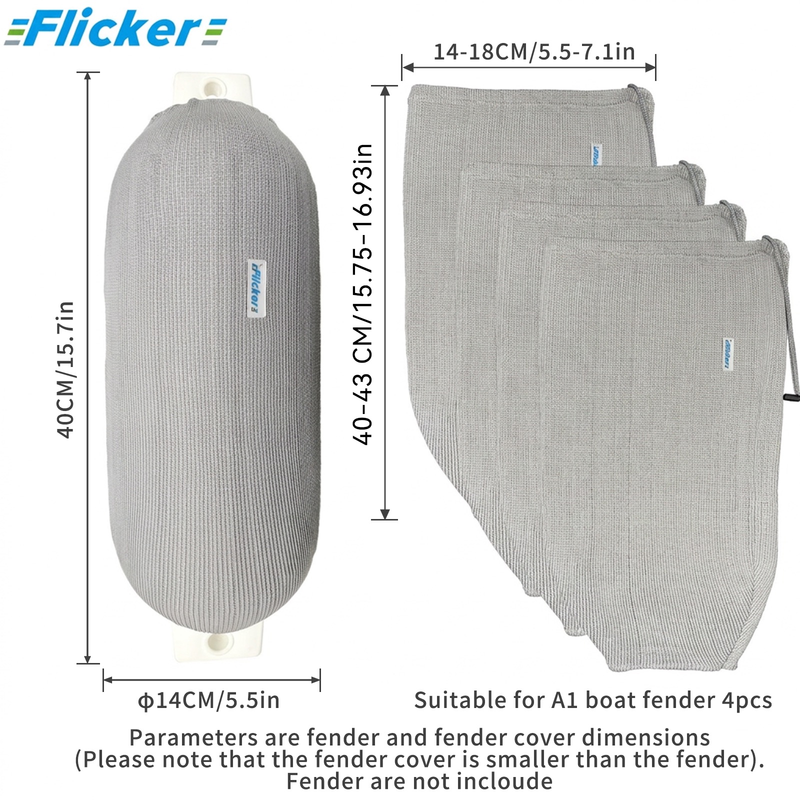Flicker Gray Acrylic Boat Fender Cover Marine Protective Sleeve for Boat Fenders Multiple Size Options