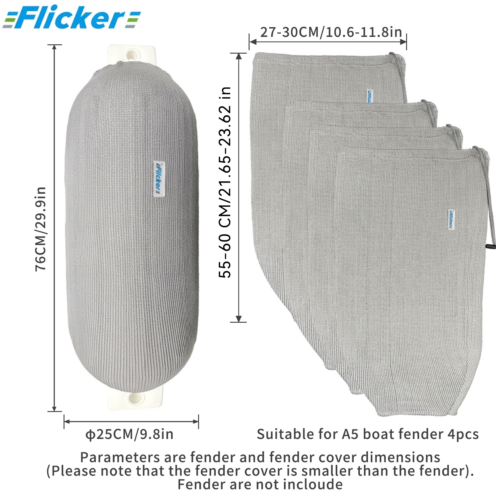 Flicker Gray Acrylic Boat Fender Cover Marine Protective Sleeve for Boat Fenders Multiple Size Options