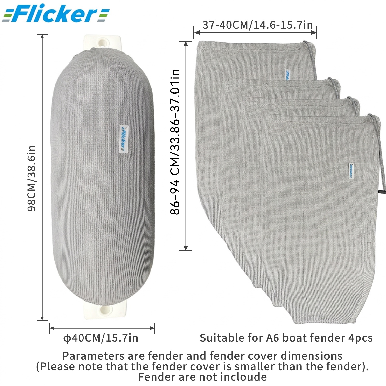Flicker Gray Acrylic Boat Fender Cover Marine Protective Sleeve for Boat Fenders Multiple Size Options