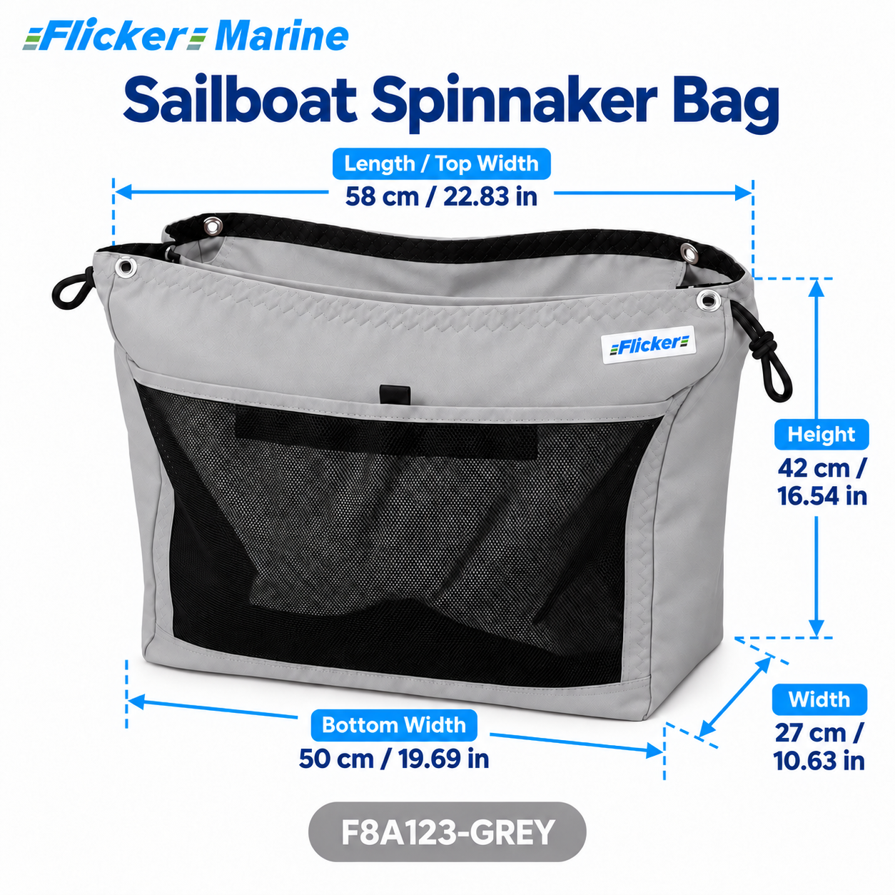 Flicker Marine Large Spinnaker Carry Bag Made of Polyester, Drawstring Opening, Extra Mesh Pocket Compatible With Sailboat, Keep Your Spinnaker Well Stored Onboard