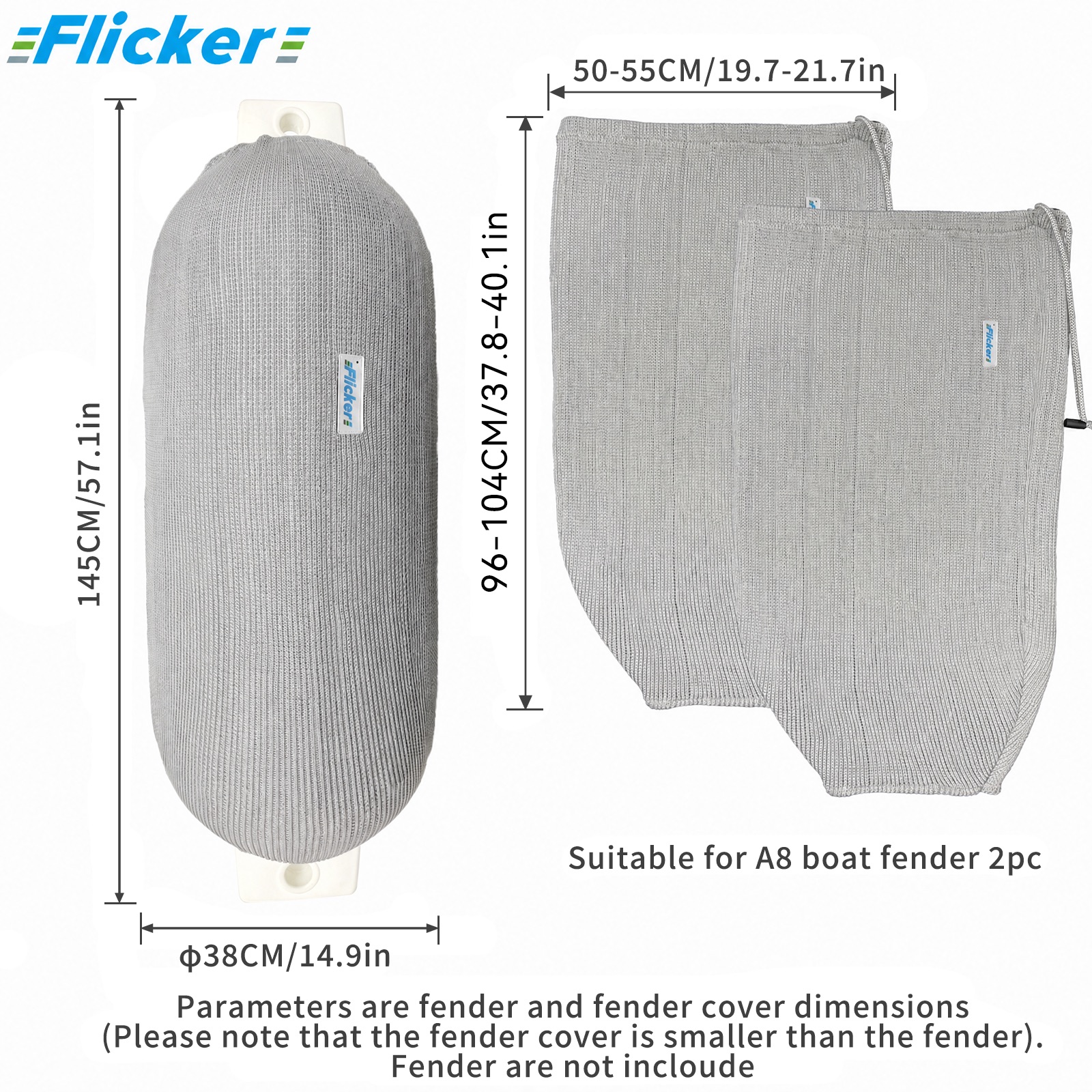Flicker Gray Acrylic Boat Fender Cover Marine Protective Sleeve for Boat Fenders Multiple Size Options