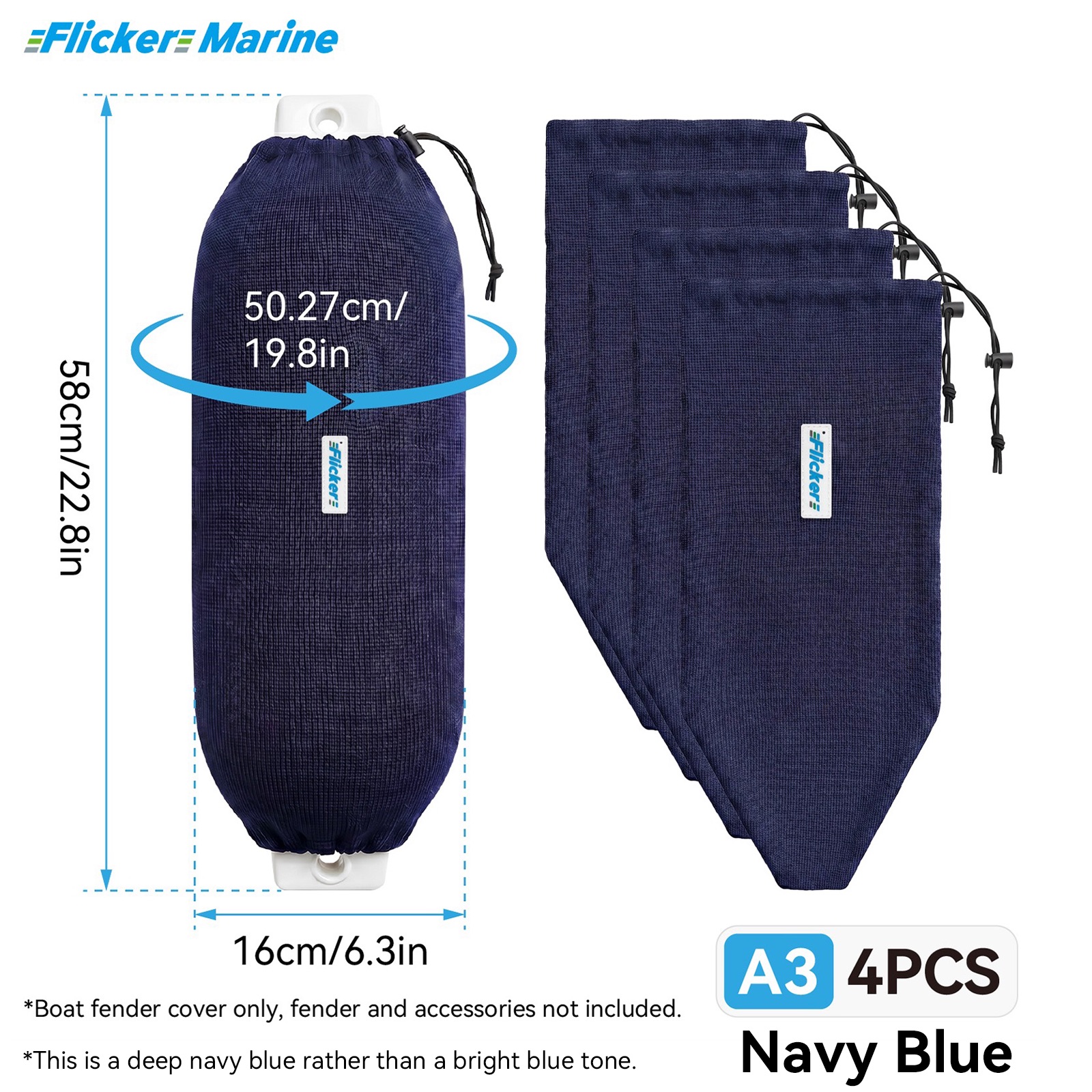 Flicker Navy Blue Marine Boat Fender Cover Acrylic Protective Sleeve for Yacht and Boat Fenders 7 Size Options