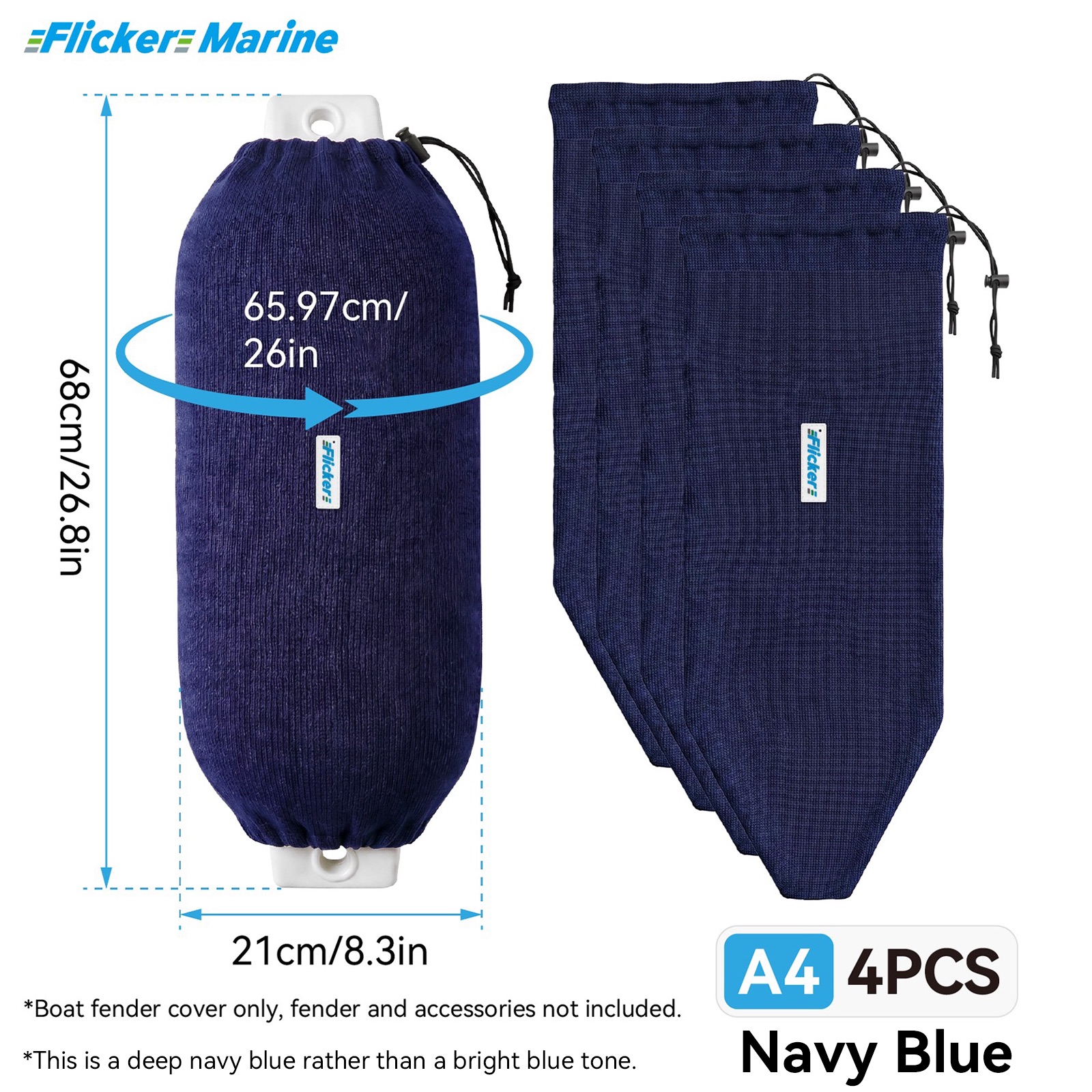Flicker Navy Blue Marine Boat Fender Cover Acrylic Protective Sleeve for Yacht and Boat Fenders 7 Size Options