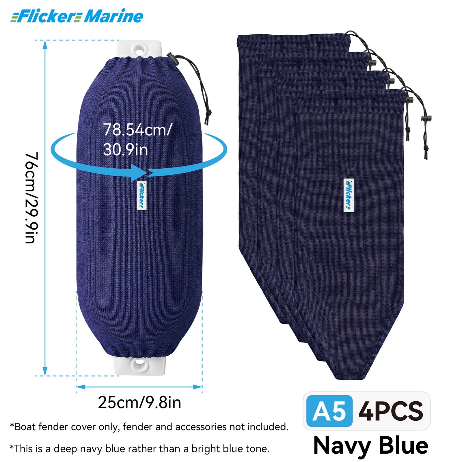 Flicker Navy Blue Marine Boat Fender Cover Acrylic Protective Sleeve for Yacht and Boat Fenders 7 Size Options