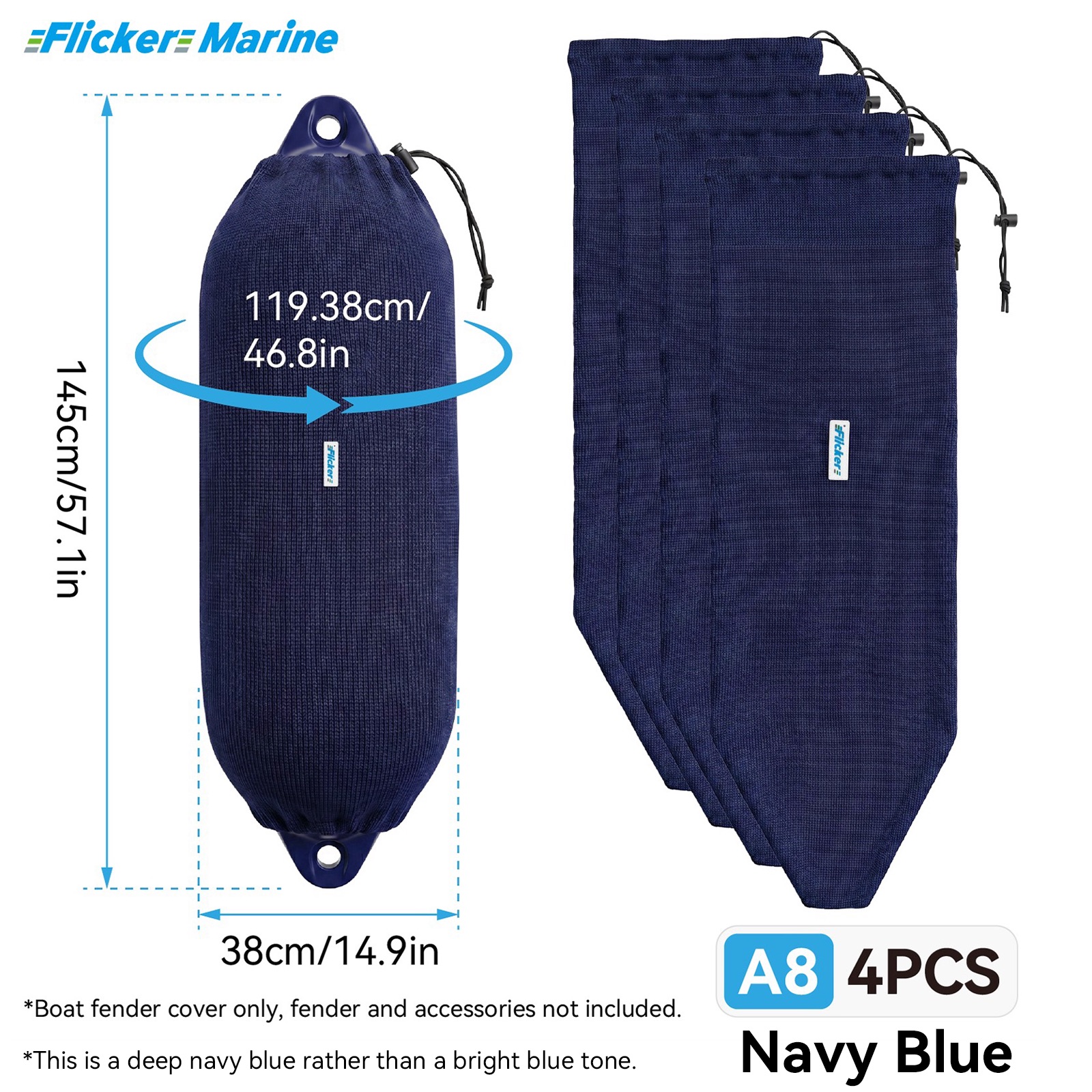 Flicker Navy Blue Marine Boat Fender Cover Acrylic Protective Sleeve for Yacht and Boat Fenders 7 Size Options