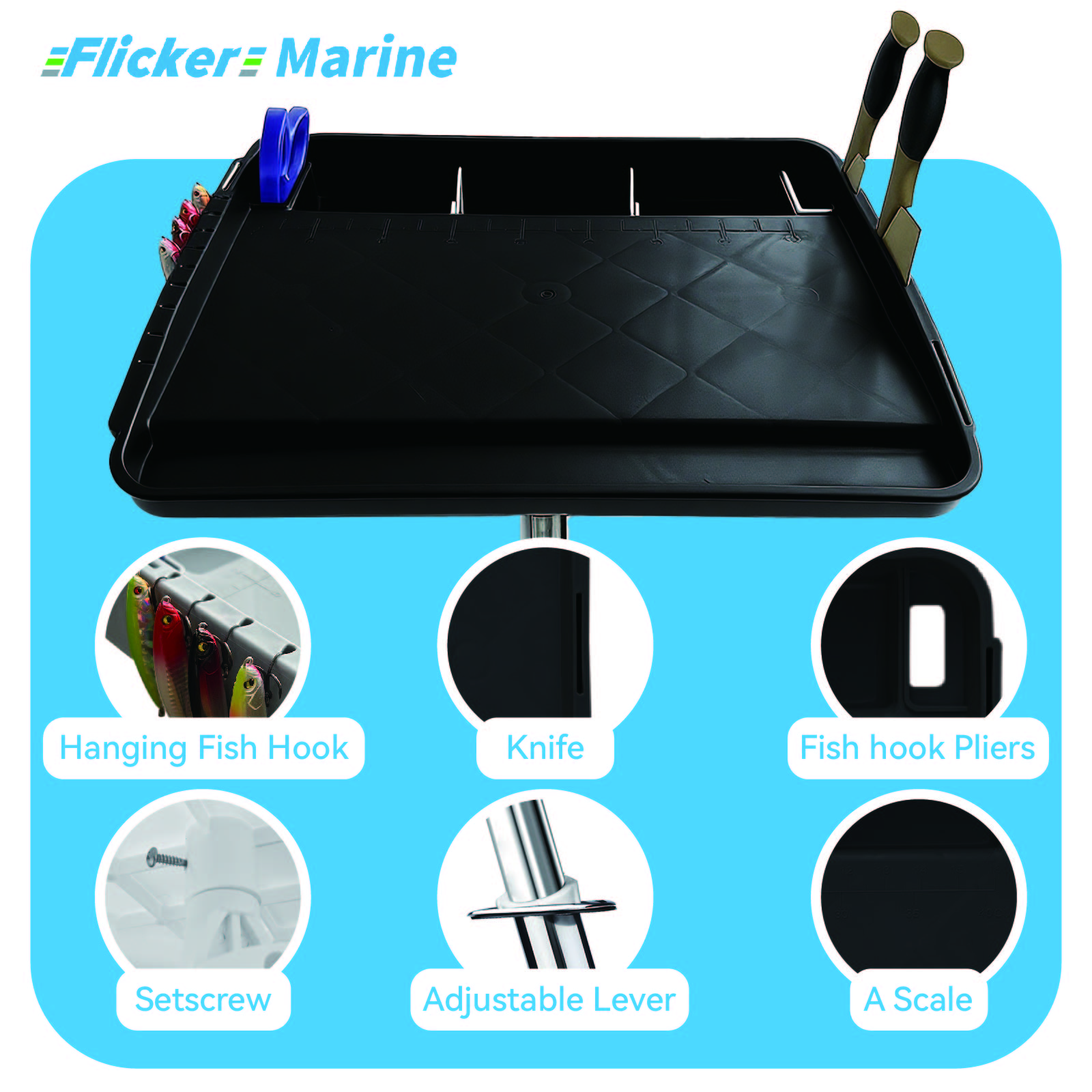 Flicker Marine Fillet Cutting Board & Bait Table – Black, 3 Mounting Options