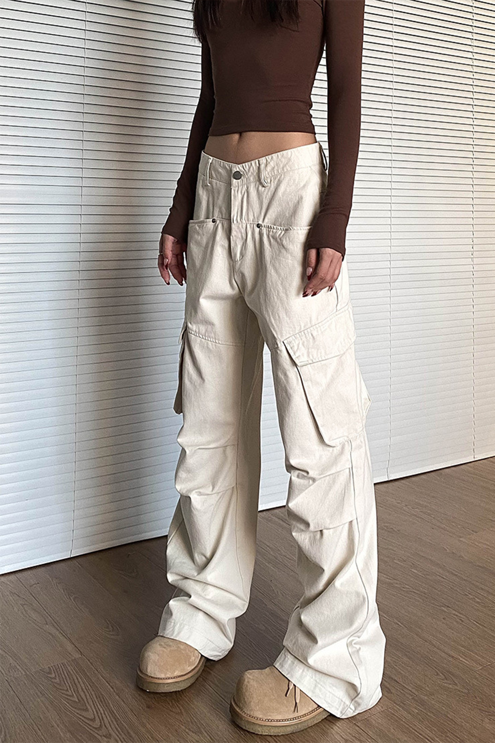 Multi-pocket casual loose pleated straight-leg versatile overalls