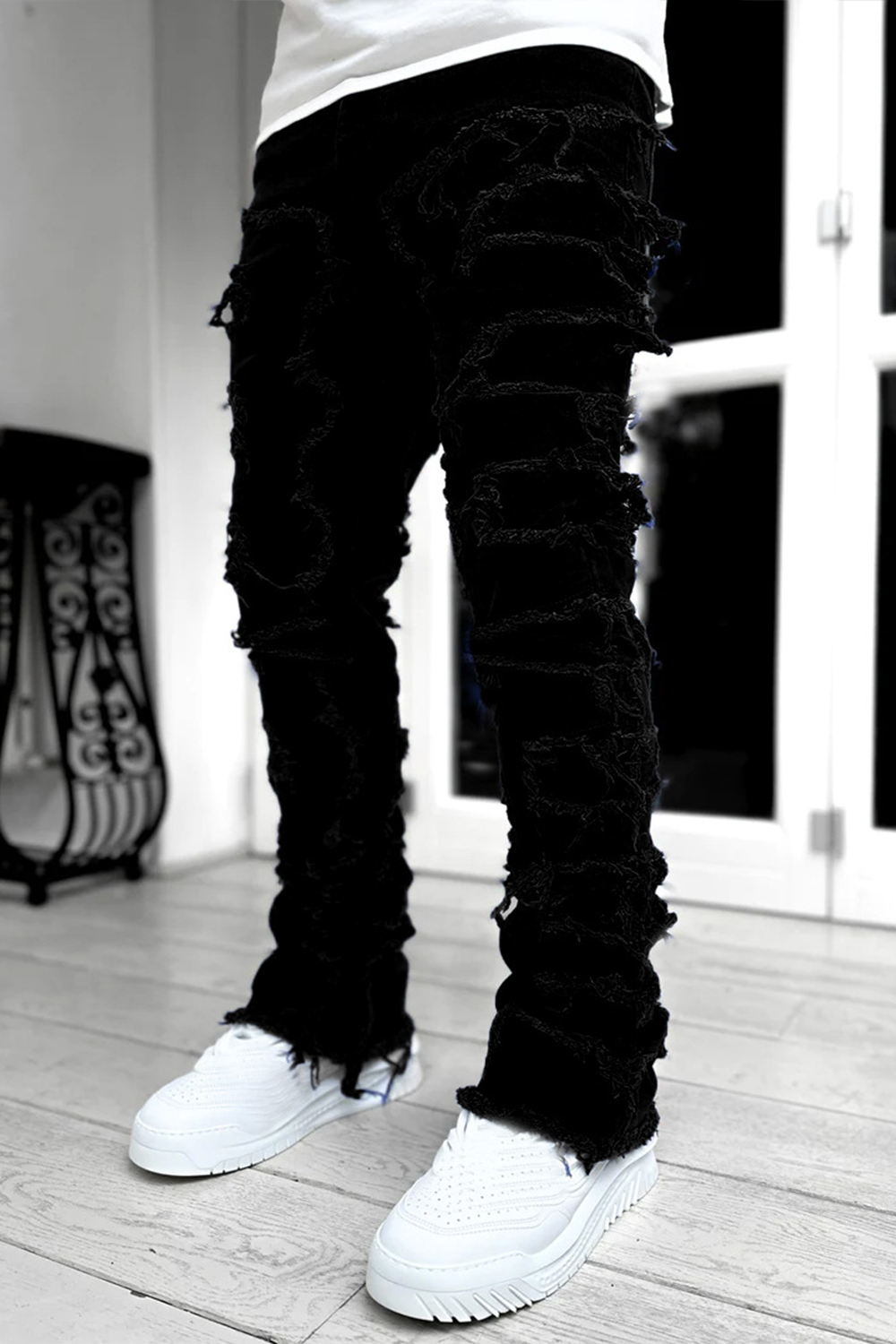 Stretch patch denim straight pants