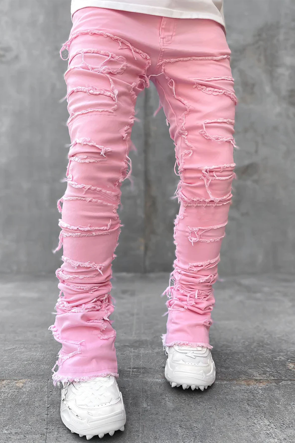Stretch patch denim straight pants