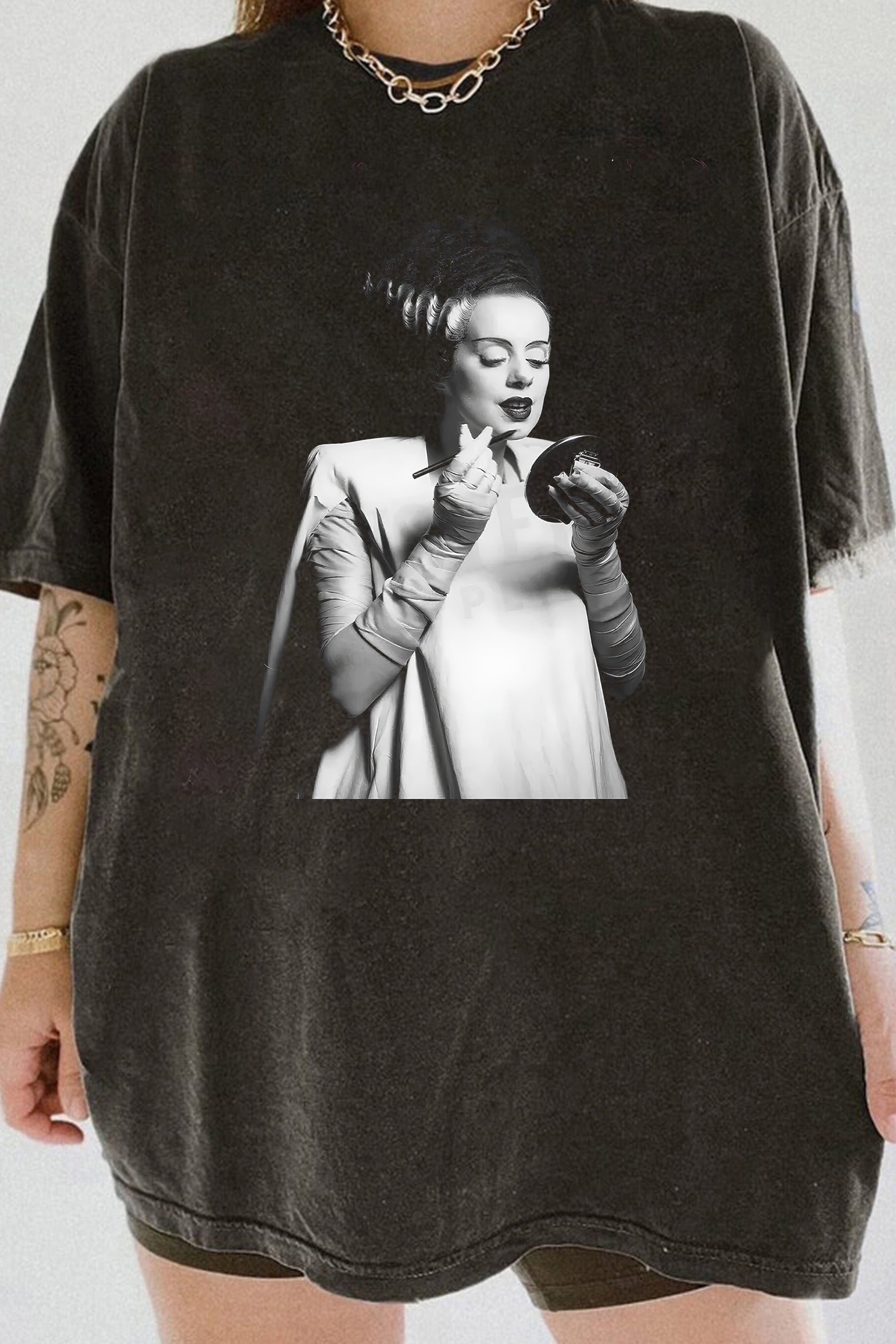 Bride of Frankenstein 1935 Vintage Horror Movie Makeup Lipstick Photo Tee For Women