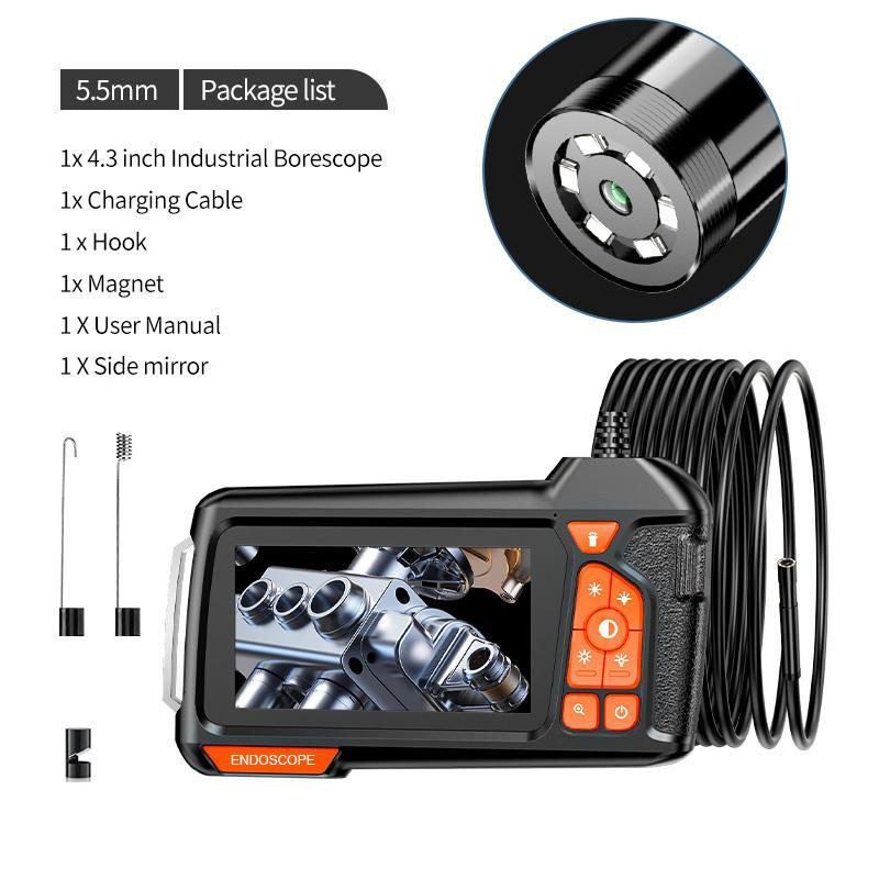 Product Introduction of Industrial Endoscope Borescope Camera with Light, 4.3 Inch Screen HD Digital Snake Camera, Waterproof Sewer Inspection Camera with 6 LED Lights, Semi-Rigid Cable, Measuring Gauges 25