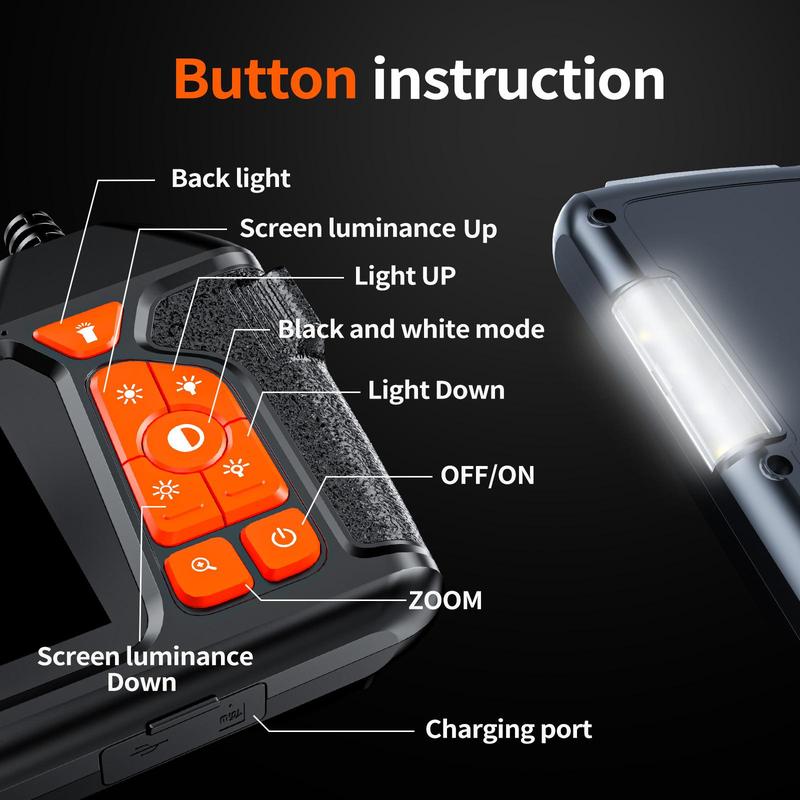 Product Introduction of Industrial Endoscope Borescope Camera with Light, 4.3 Inch Screen HD Digital Snake Camera, Waterproof Sewer Inspection Camera with 6 LED Lights, Semi-Rigid Cable, Measuring Gauges 23