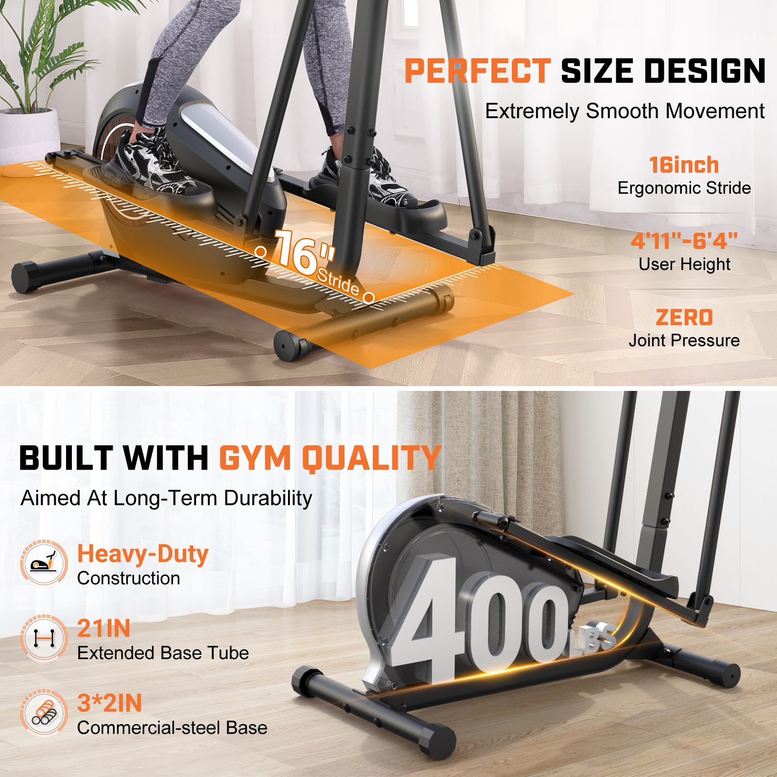 FUNMILY Heavy Duty Elliptical Machine 400LB Capacity, Walnut Stride Pro Elliptical Trainer for Home Gym,16-Inch Stride,14 Resistance Levels,Ultra-Quiet Magnetic Exercise Machine,Real-Time Monitor