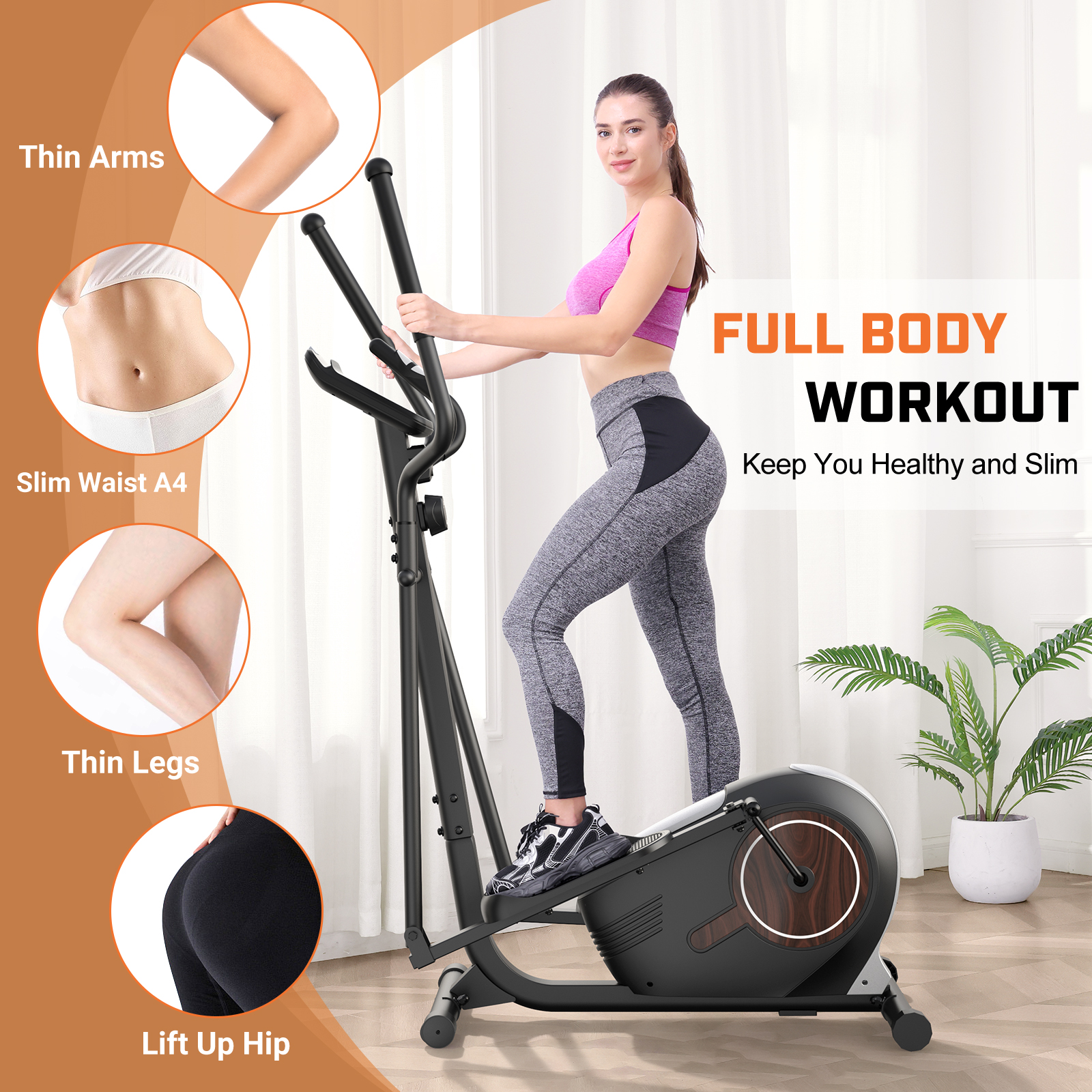 FUNMILY Heavy Duty Elliptical Machine 400LB Capacity, Walnut Stride Pro Elliptical Trainer for Home Gym,16-Inch Stride,14 Resistance Levels,Ultra-Quiet Magnetic Exercise Machine,Real-Time Monitor