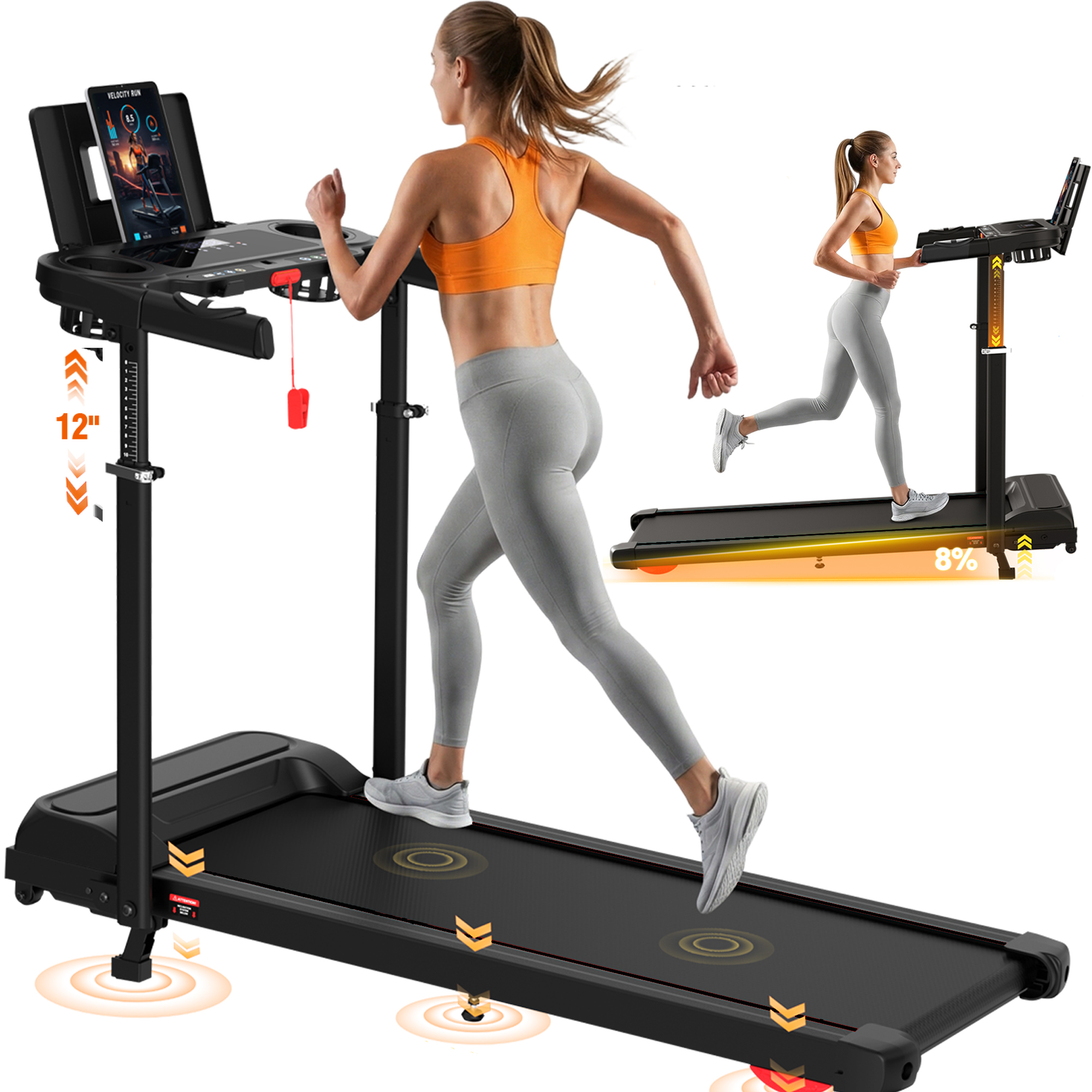 Teopeokl 8% Incline Treadmill with Adjustable Height & Foldable Workstation, 3.5HP Home Treadmill 300 lbs Capacity, 12 Programs & Heart Rate Monitor