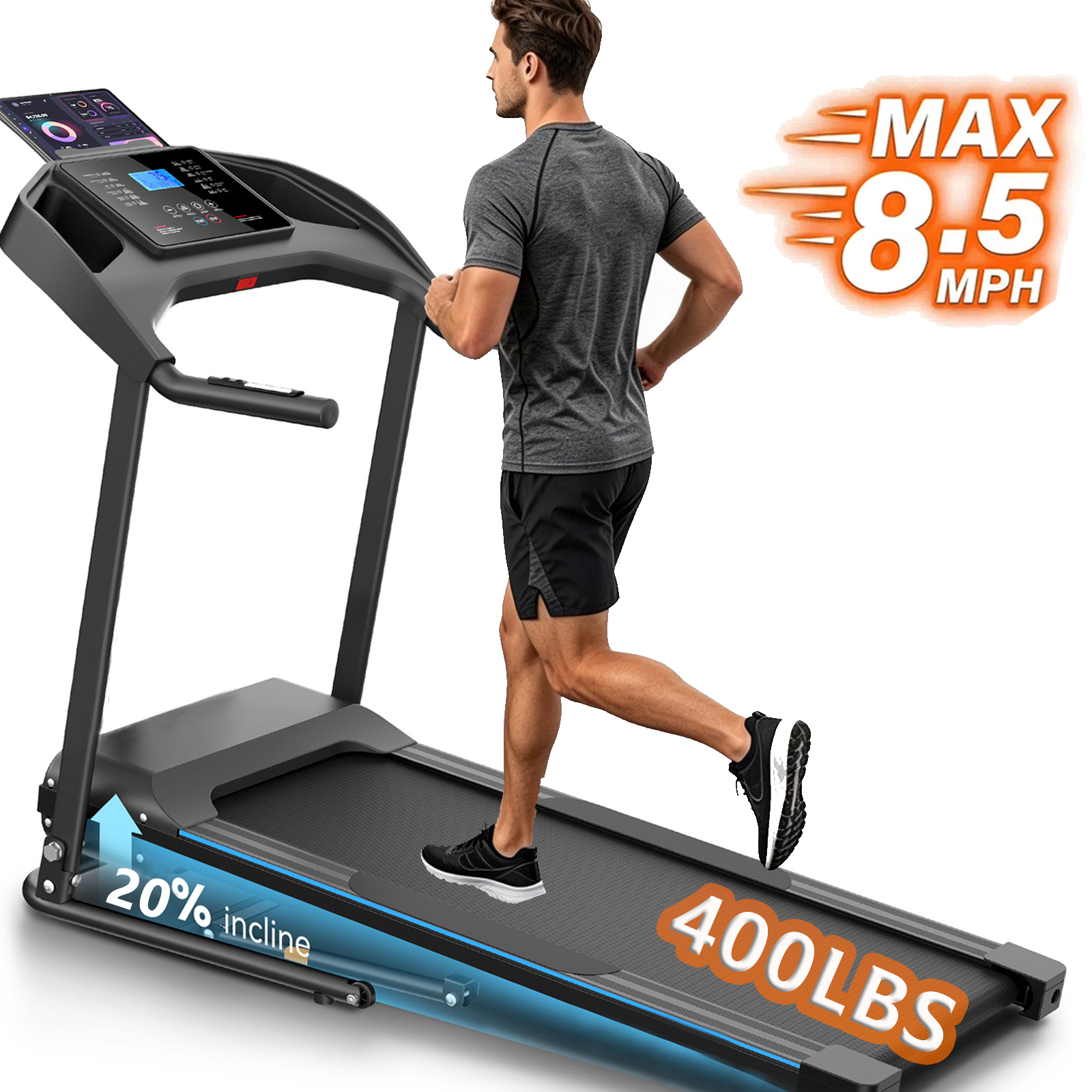 Simpfree 4.5HP Auto Incline Treadmill 400lbs Capacity,8.5MPH Portable Treadmill,12+3 Programs