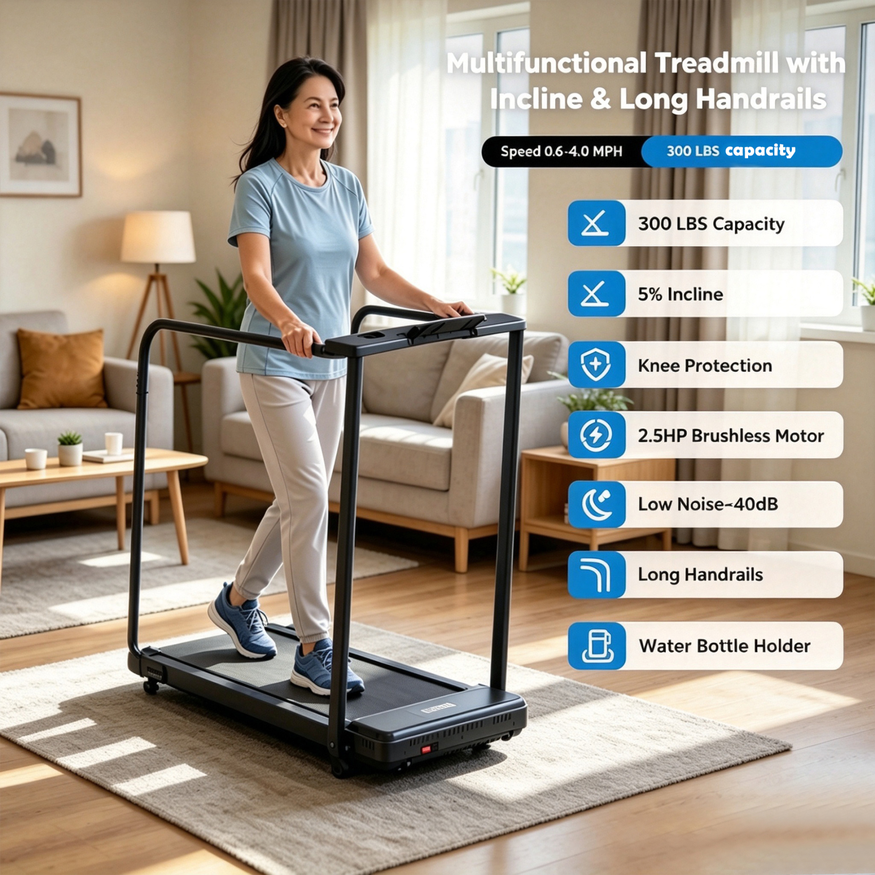 Treadmill for Seniors with Long Handrails,2.5HP Treadmill for Home 300 lbs Capacity,5% Incline,emote Control, LED Display, Cup & Phone Holder