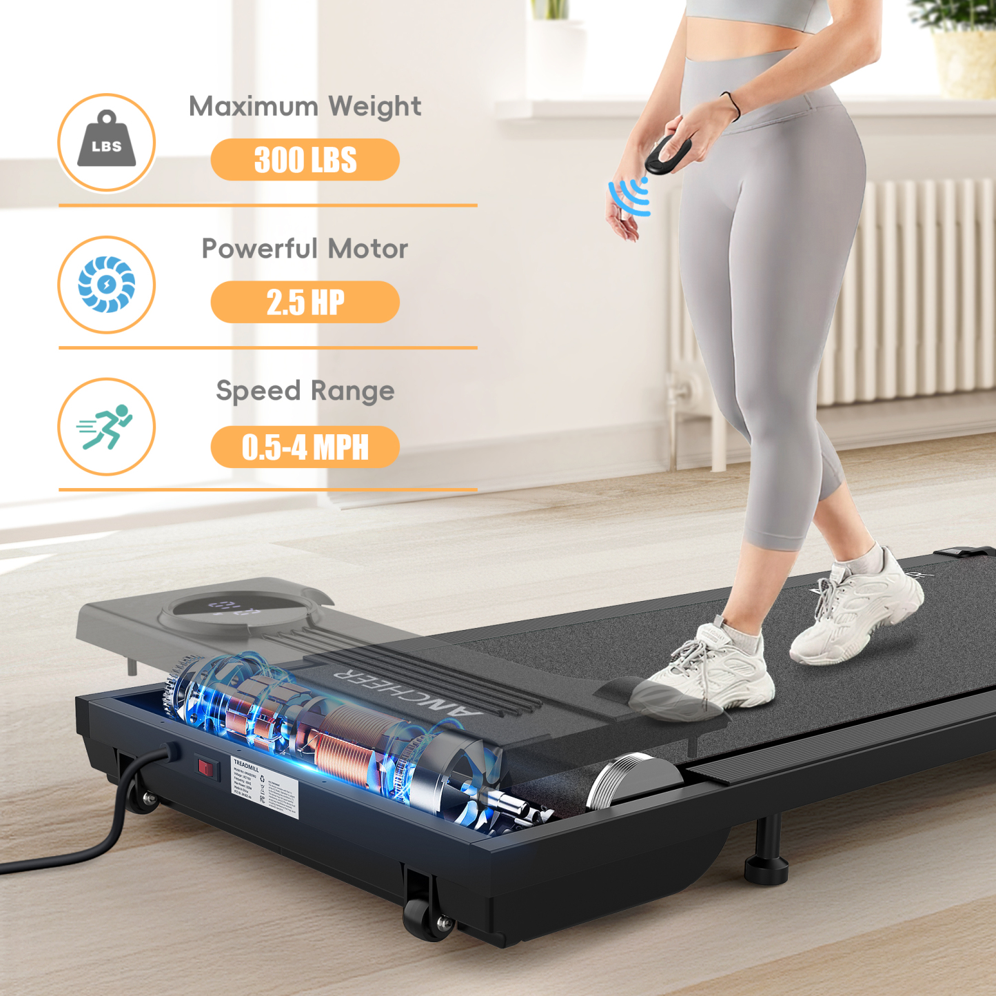 Walking Pad, 2.5HP Under Desk Treadmill with Remote Control and LED Display, Portable Walking Treadmill for Home Office, Walking Jogging Machine with 300 lbs Weight Capacity