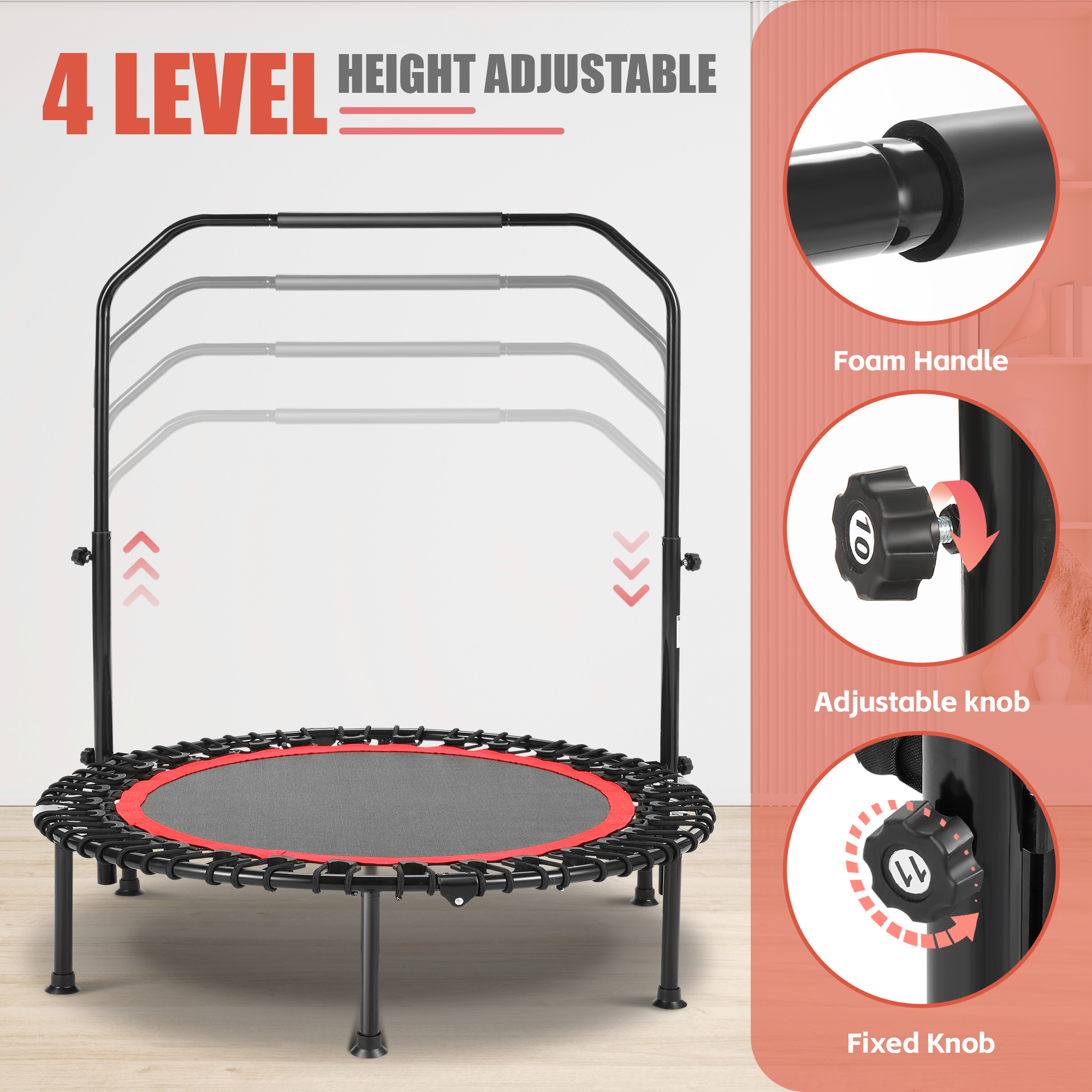 40" Trampoline with Resistance Ropes,Fitness Foldable Mini Trampoline Max Load 450lbs, 4-Level Height-Adjustable Foam Handle,Indoor/Outdoor Rebounder for Adults