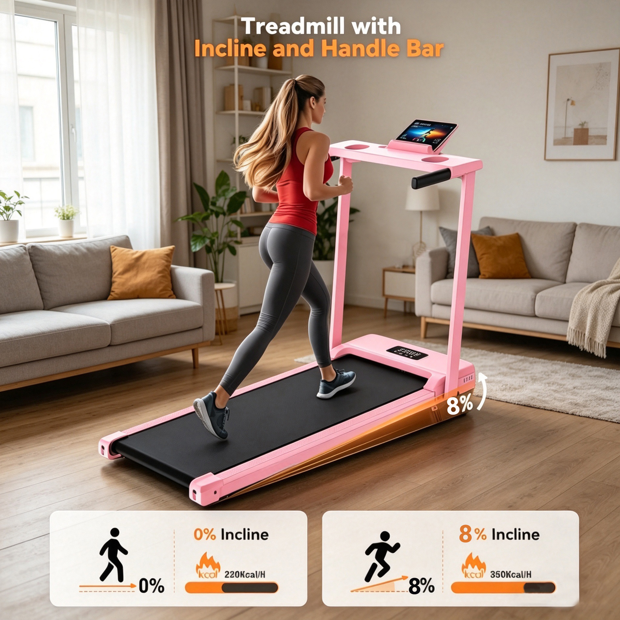 Teopeokl Incline Treadmill with Handle Bar,3.5HP Portable Treadmill with Desk,Walking Pad with Remote Control and LED Display, 350 lbs Weight Capacity