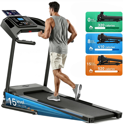 Simpfree 4.5HP Folding Treadmill with 15-Level Auto Incline, 400 lbs Capacity Running Machine for Home Office, 8.5 MPH, 12 Programs
