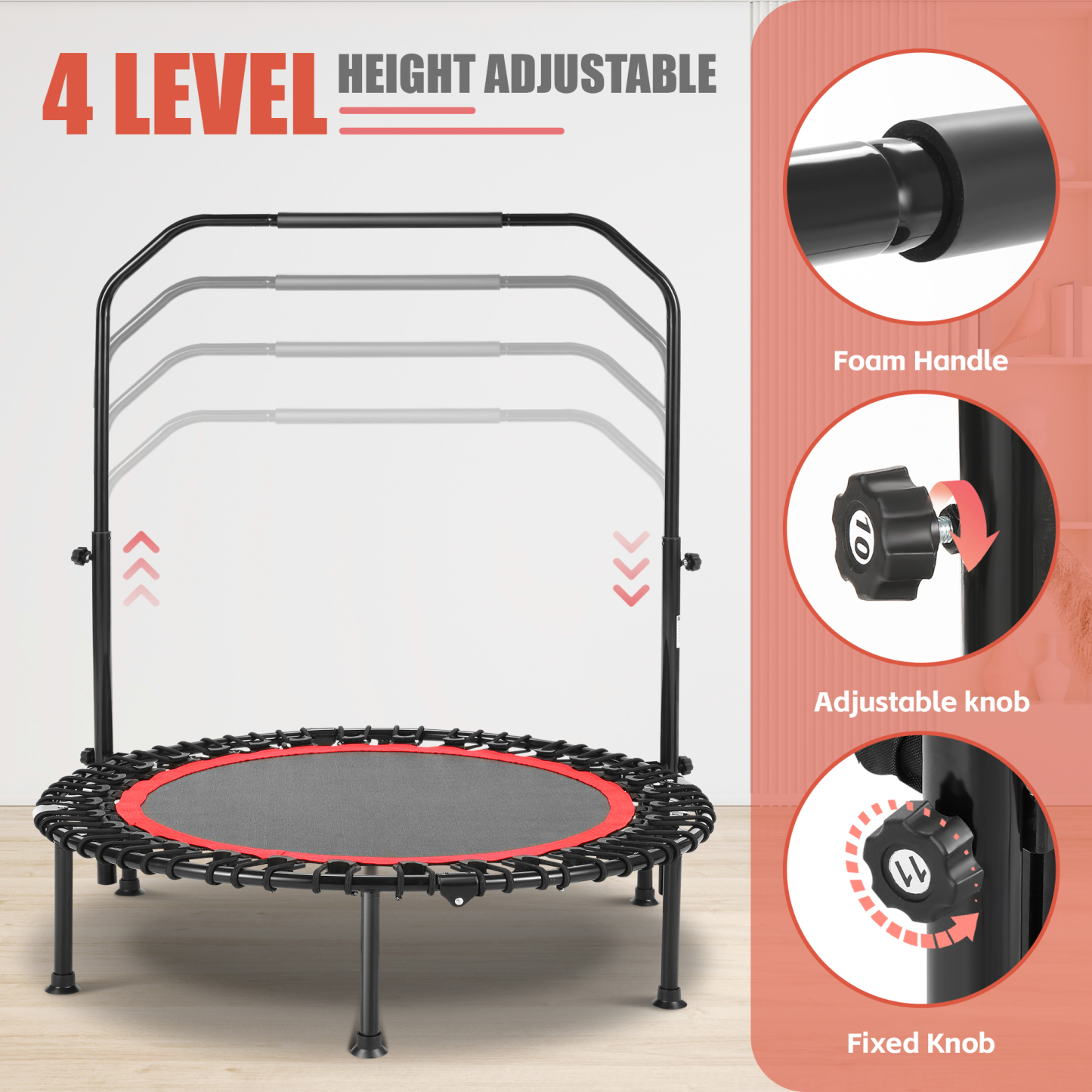 40" Trampoline with Resistance Ropes,Fitness Foldable Mini Trampoline Max Load 450lbs, 4-Level Height-Adjustable Foam Handle,Indoor/Outdoor Rebounder for Adults