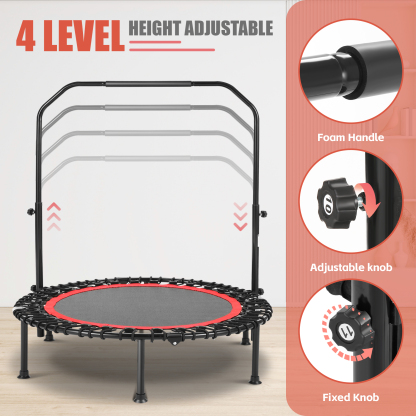 40" Trampoline with Resistance Ropes,Fitness Foldable Mini Trampoline Max Load 450lbs, 4-Level Height-Adjustable Foam Handle,Indoor/Outdoor Rebounder for Adults