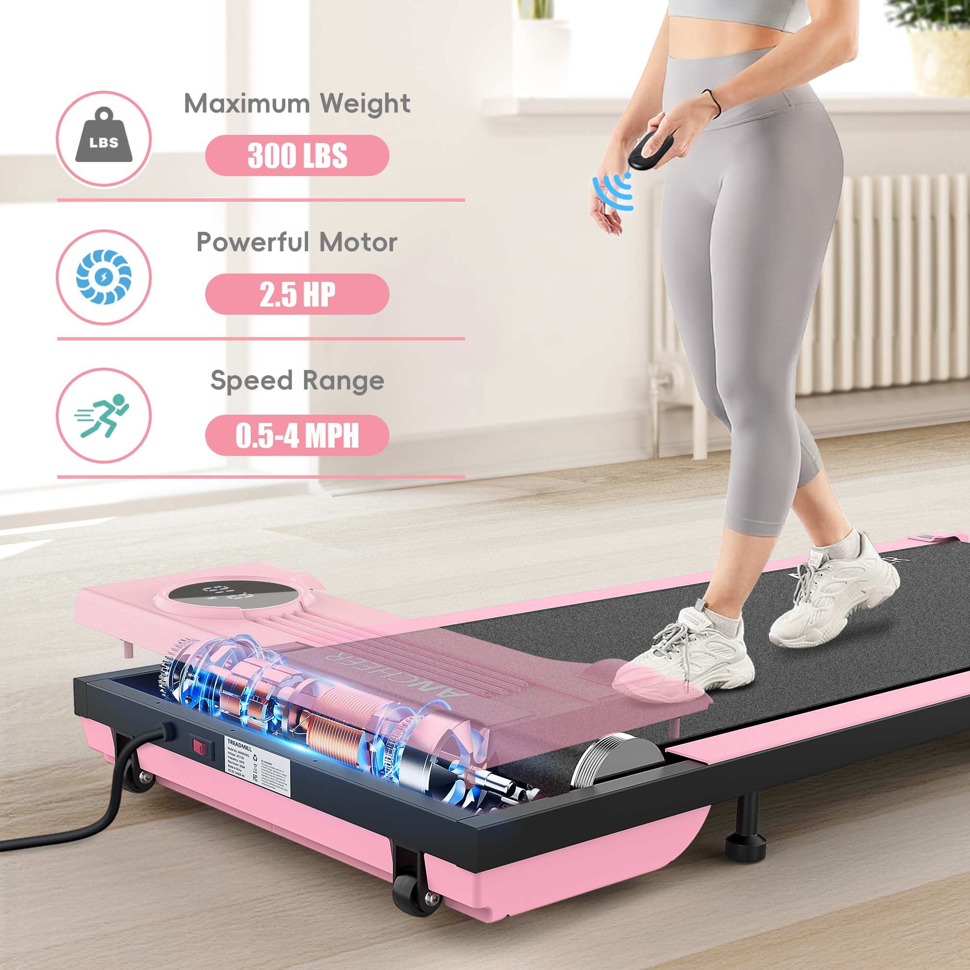 Walking Pad Treadmill, 2.5HP Under Desk Treadmill with Remote Control and LED Display, Portable Small Treadmill LED Display & Remote Control for Home/Office,Weight Capacity 300 LBS