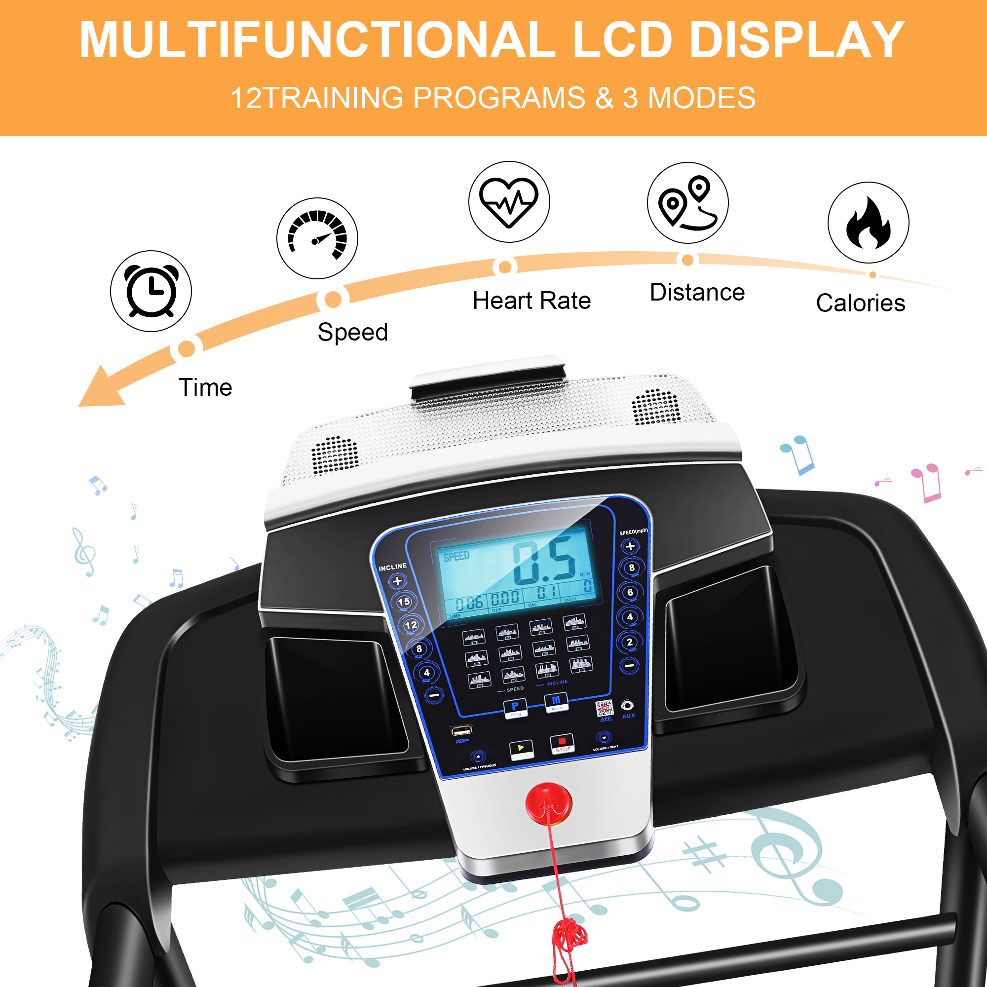 Simpfree 17'' Folding Treadmill with 15-Level Auto Incline 9.0 mph Speed 12 Preset Program, Strong 3.25HP Motor Running Machine for Cardio Fitness