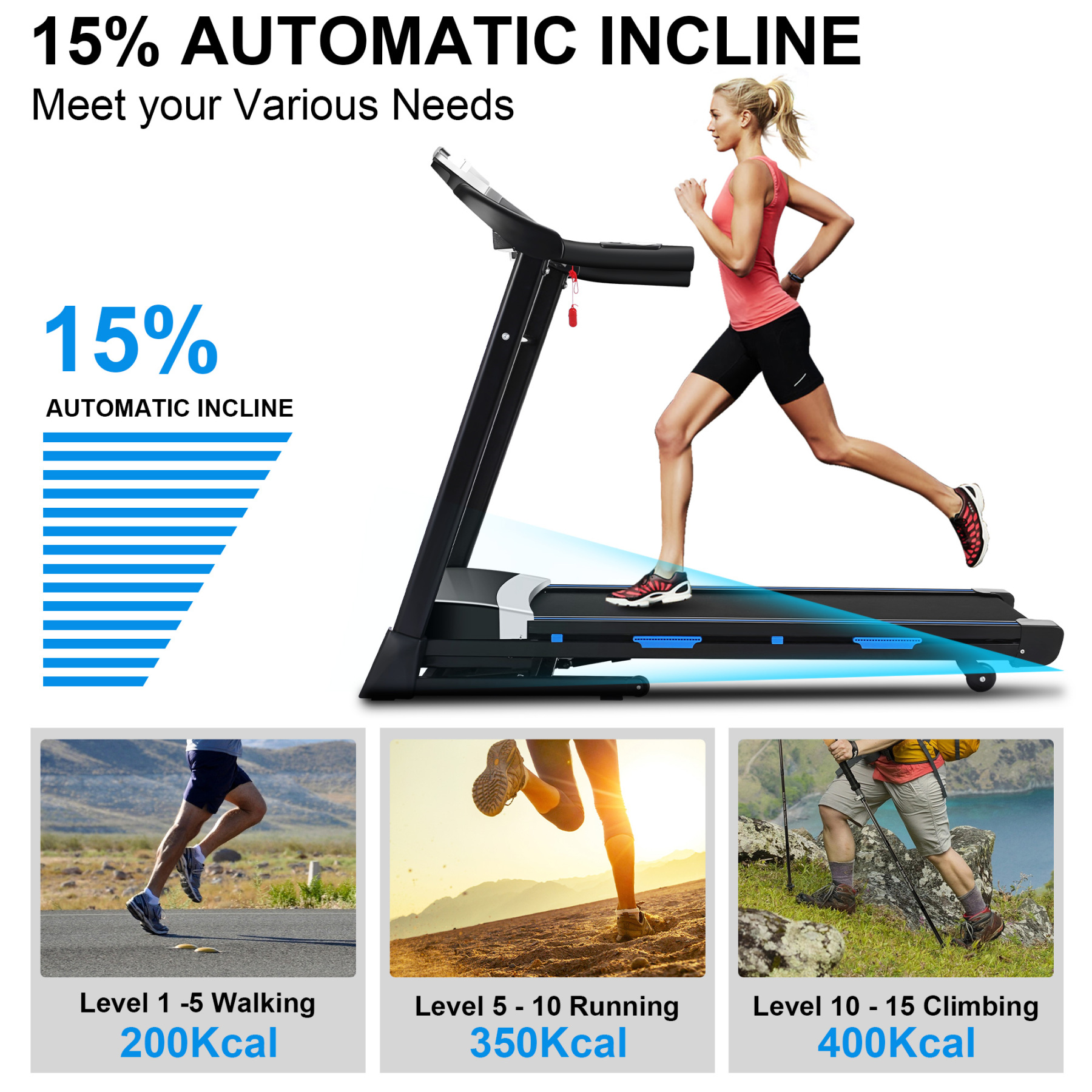 Simpfree 17'' Folding Treadmill with 15-Level Auto Incline 9.0 mph Speed 12 Preset Program, Strong 3.25HP Motor Running Machine for Cardio Fitness