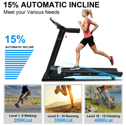 Simpfree 17'' Folding Treadmill with 15-Level Auto Incline 9.0 mph Speed 12 Preset Program, Strong 3.25HP Motor Running Machine for Cardio Fitness