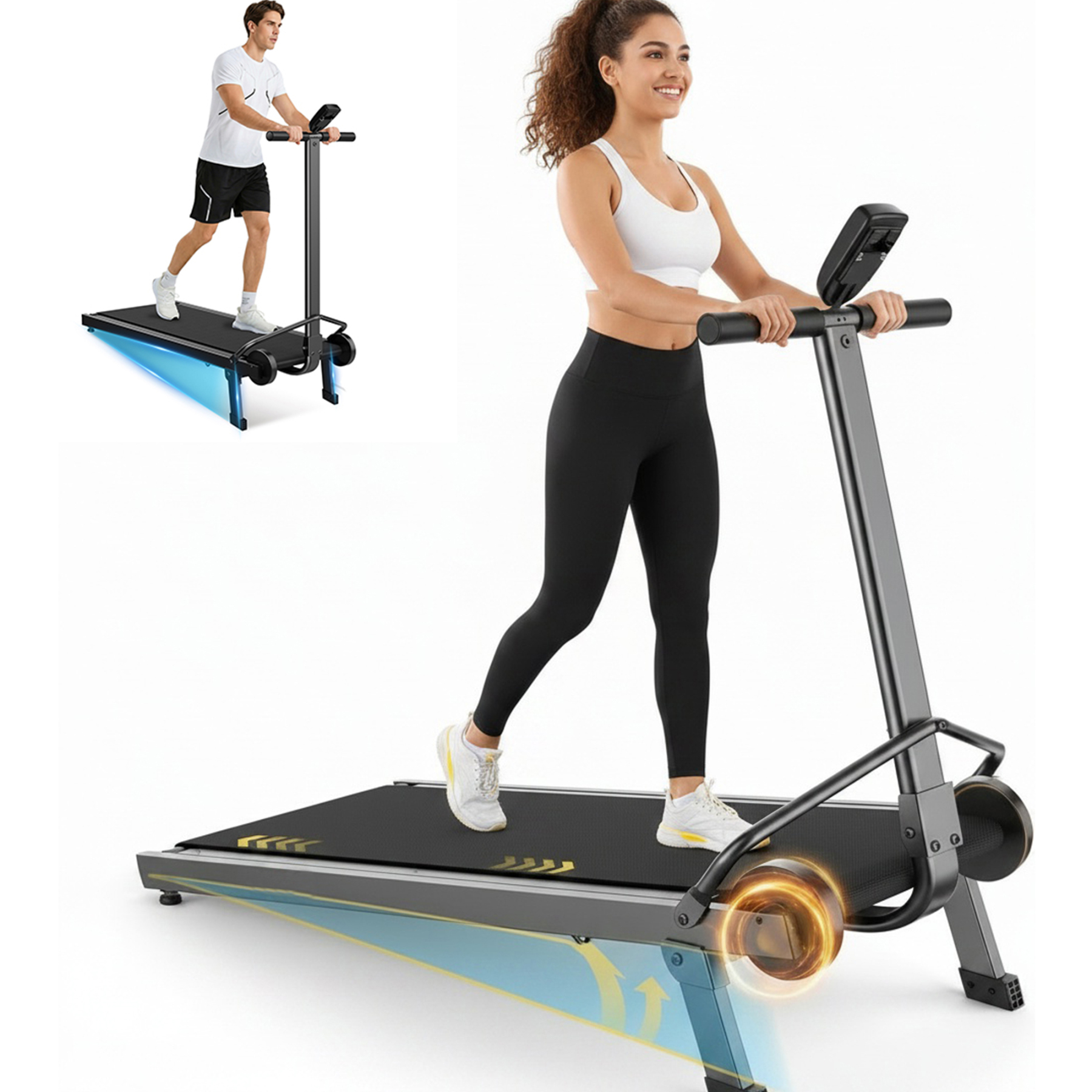Manual Treadmill with 18% Fixed Incline, Foldable Non Electric Treadmill with Dual Flywheel System, 300LBS Capacity, LCD Monitor, Compact Foldable Design for Home Indoor Walking Jogging