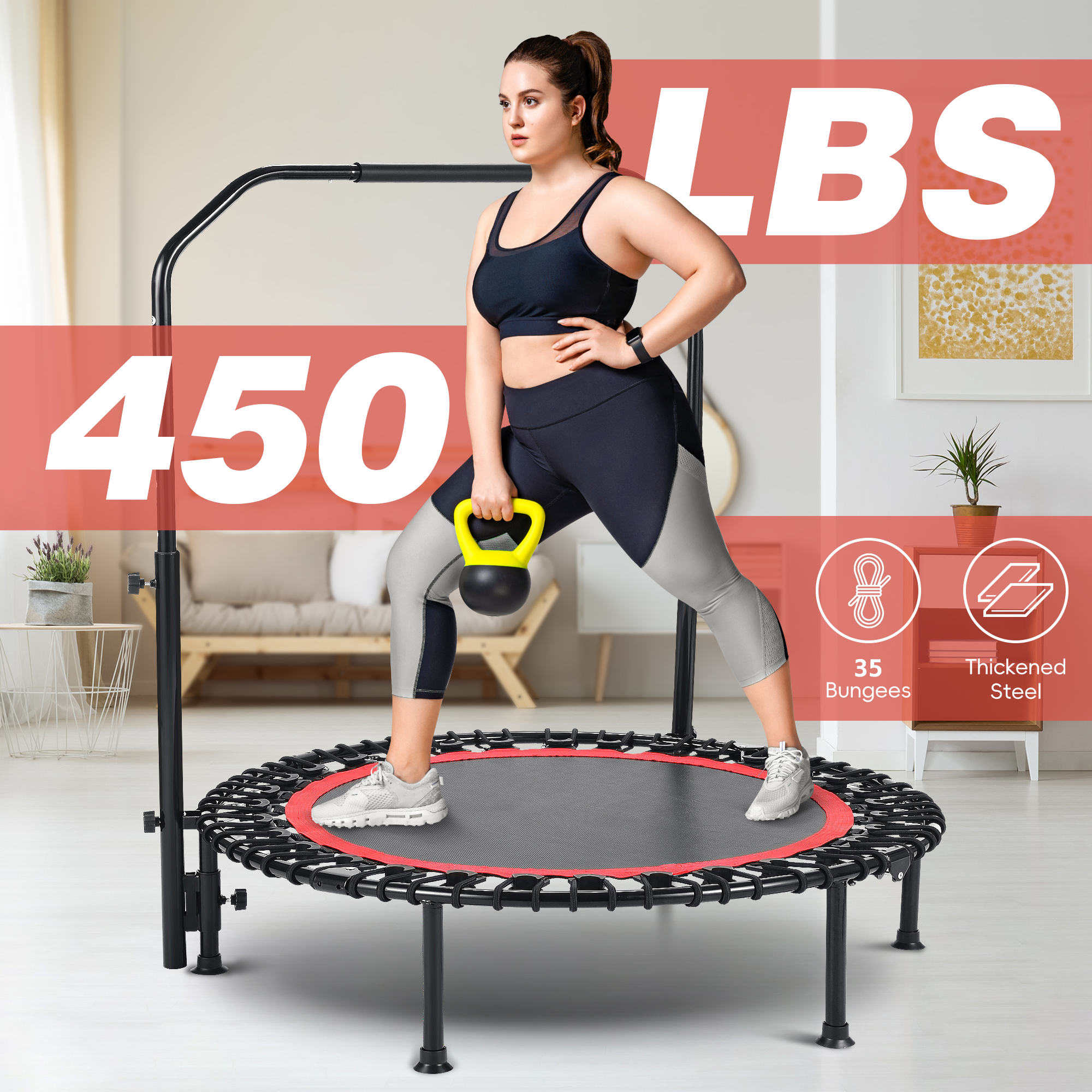 40" Trampoline with Resistance Ropes,Fitness Foldable Mini Trampoline Max Load 450lbs, 4-Level Height-Adjustable Foam Handle,Indoor/Outdoor Rebounder for Adults