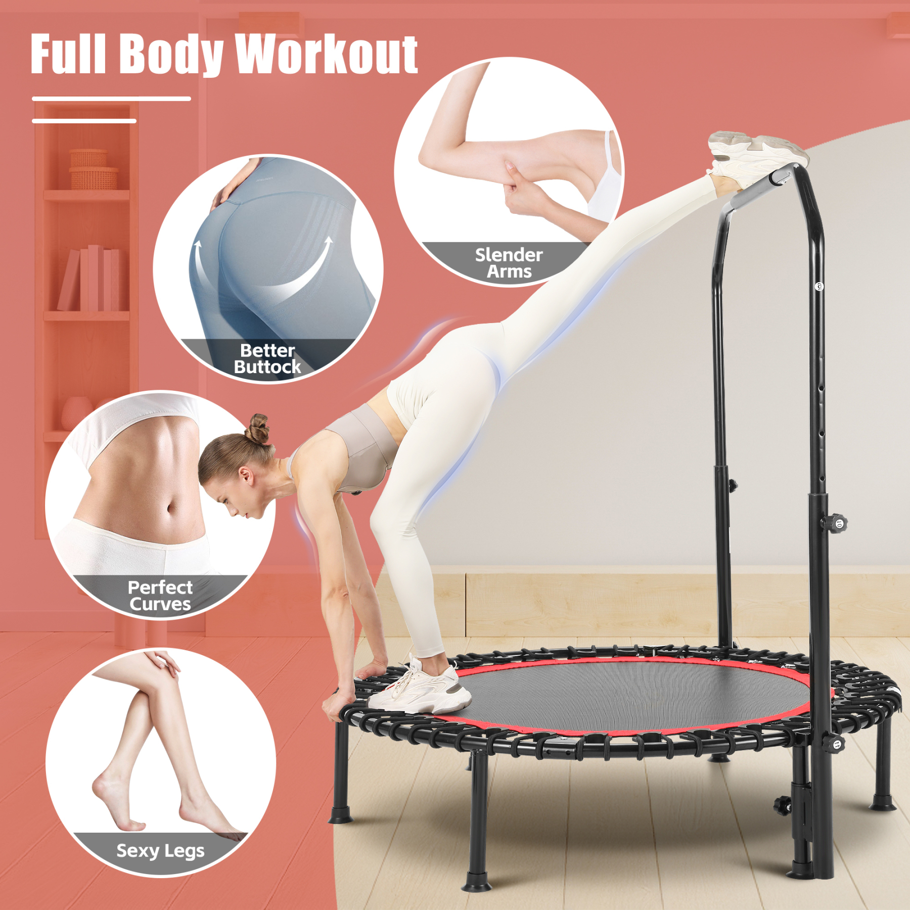 40" Trampoline with Resistance Ropes,Fitness Foldable Mini Trampoline Max Load 450lbs, 4-Level Height-Adjustable Foam Handle,Indoor/Outdoor Rebounder for Adults