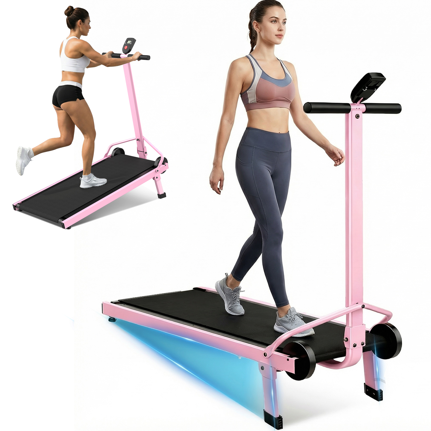 Manual Treadmill with 18% Fixed Incline, Foldable Non Electric Treadmill with Dual Flywheel System, 300LBS Capacity, LCD Monitor, Compact Foldable Design for Home Indoor Walking Jogging