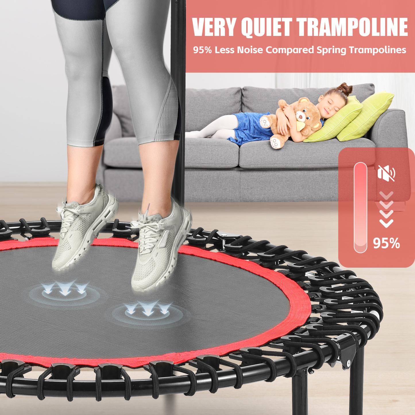 40" Trampoline with Resistance Ropes,Fitness Foldable Mini Trampoline Max Load 450lbs, 4-Level Height-Adjustable Foam Handle,Indoor/Outdoor Rebounder for Adults